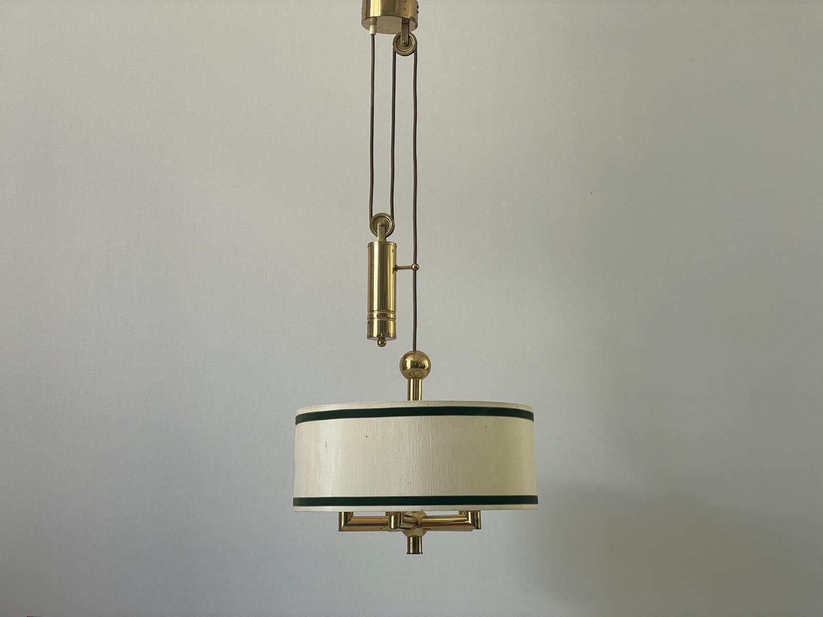 Cylindrical Fabric Shade And Full Brass Body Counterweight Ceiling Lamp By Tz Leuchten, 1970s, Germany photo for sale