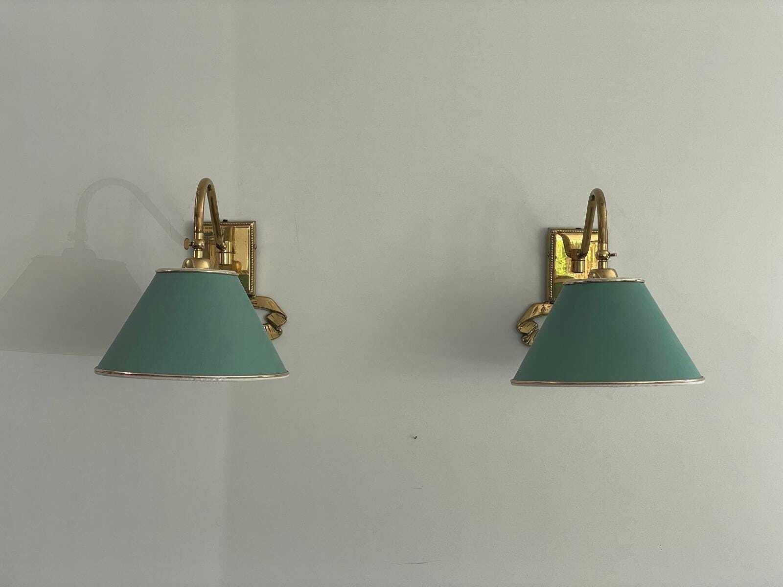 Mid Century Modern Green Fabric Shade And Brass Pair Of Sconces, 1960s, Italy photo for sale