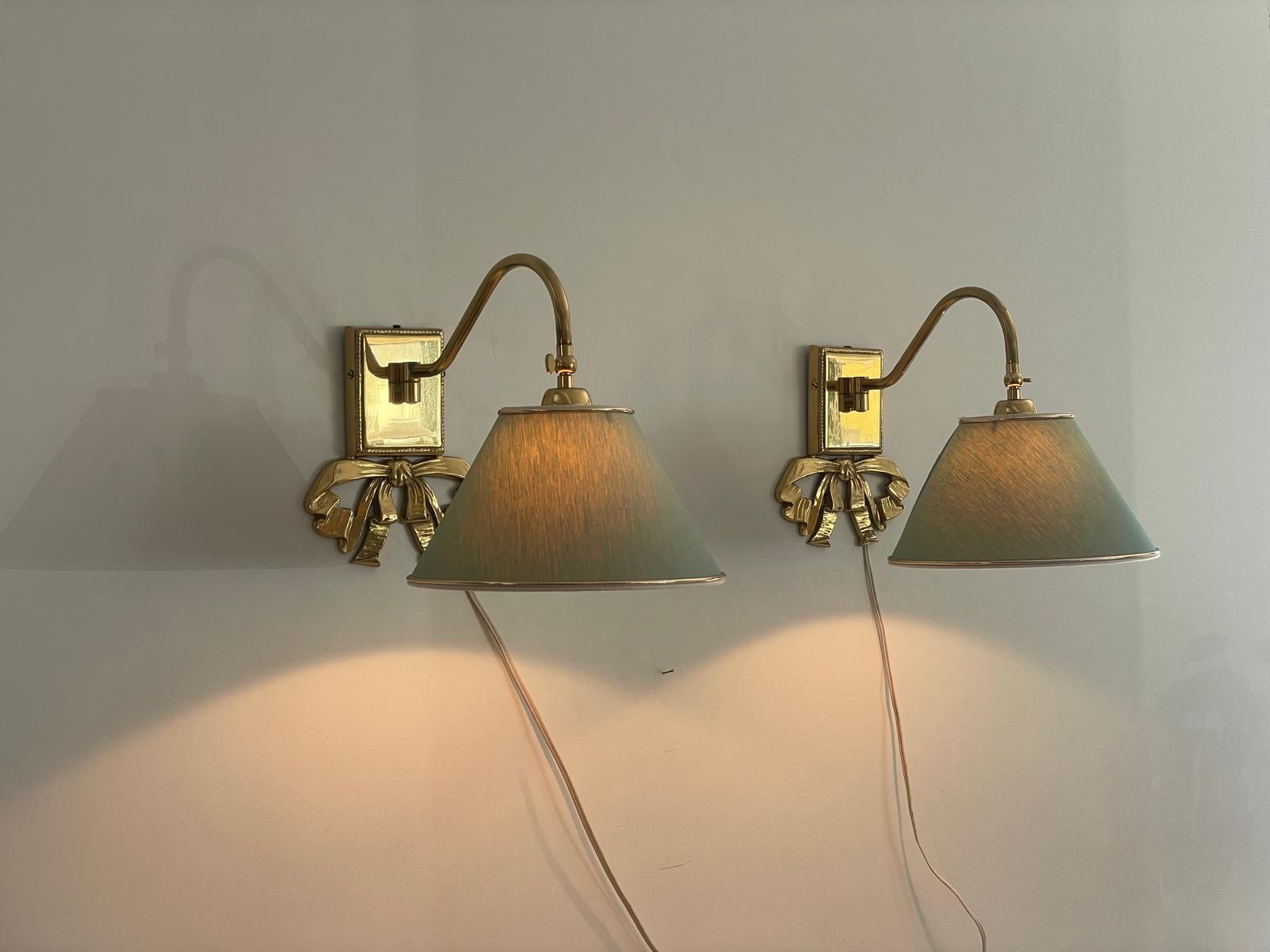 Mid Century Modern Green Fabric Shade And Brass Pair Of Sconces, 1960s, Italy photo 2215.0