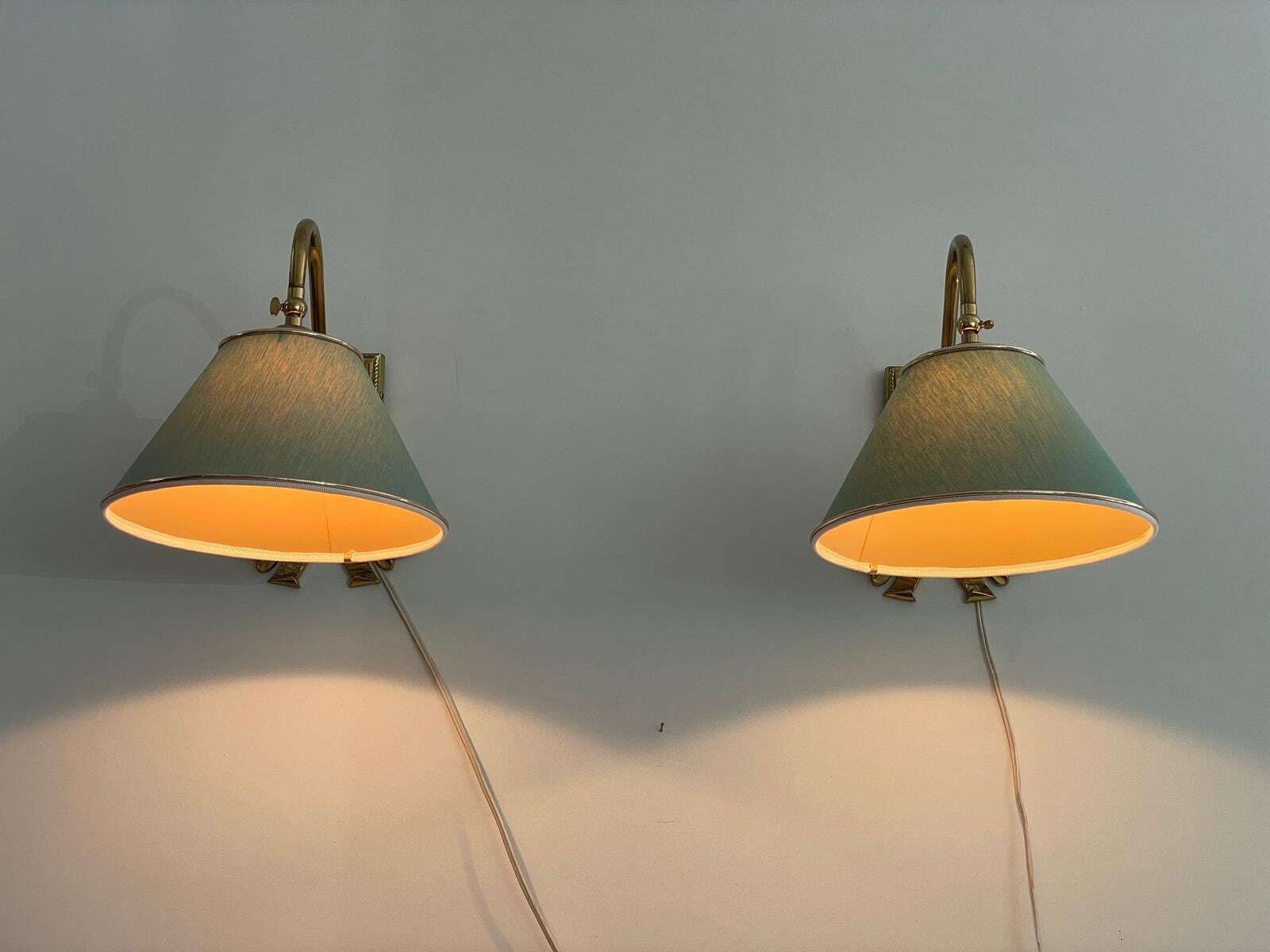 Mid Century Modern Green Fabric Shade And Brass Pair Of Sconces, 1960s, Italy photo vinterior