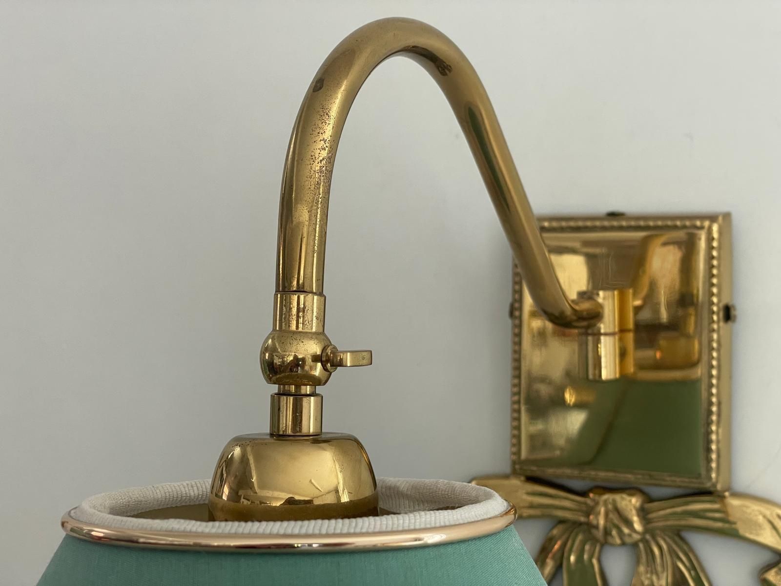 photo for sale Mid Century Modern Green Fabric Shade And Brass Pair Of Sconces, 1960s, Italy