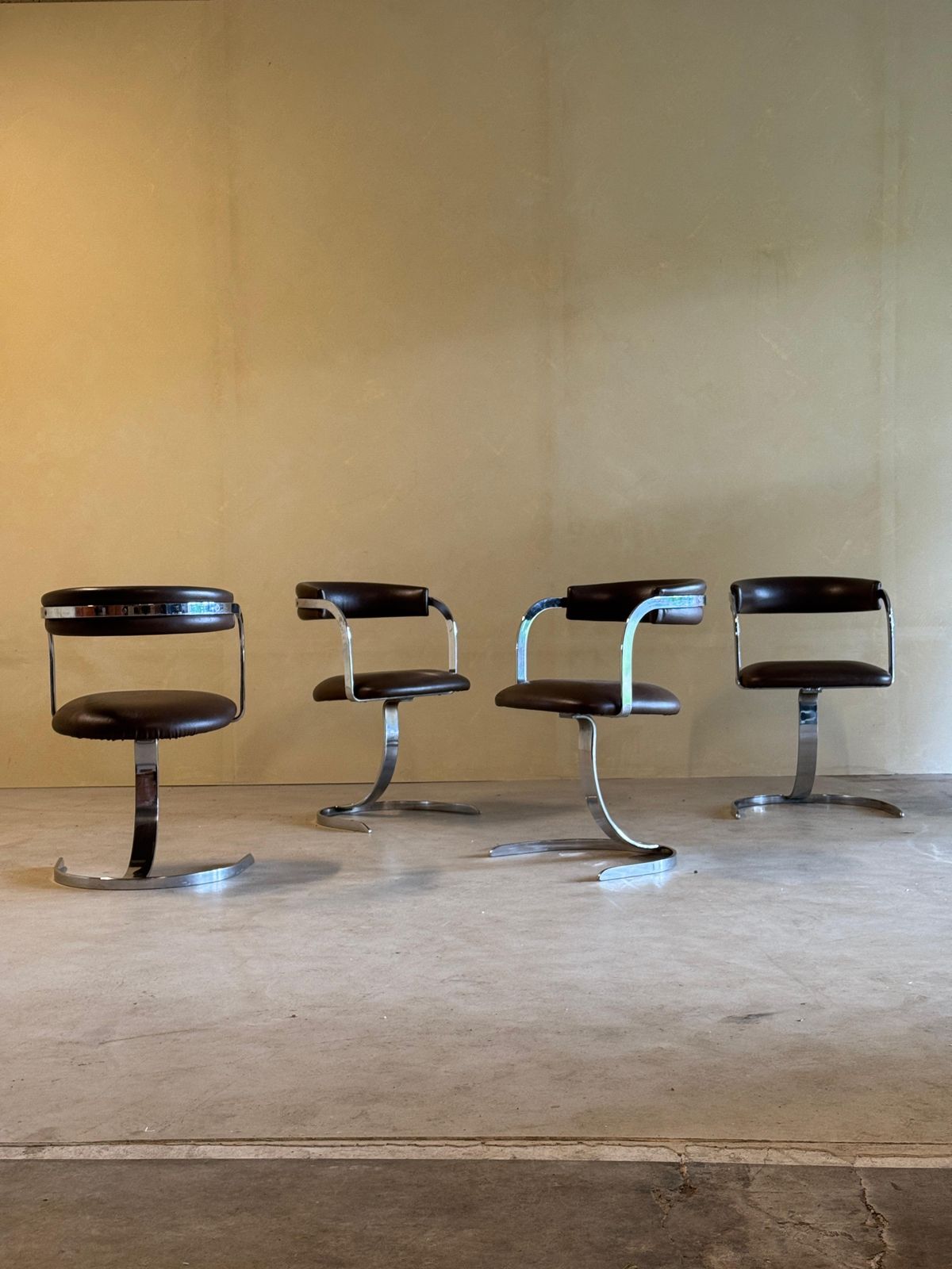 Set Of 4 Cast Iron Chromed Diningchairs With Brown Leather Seating, 1970s photo Furniture