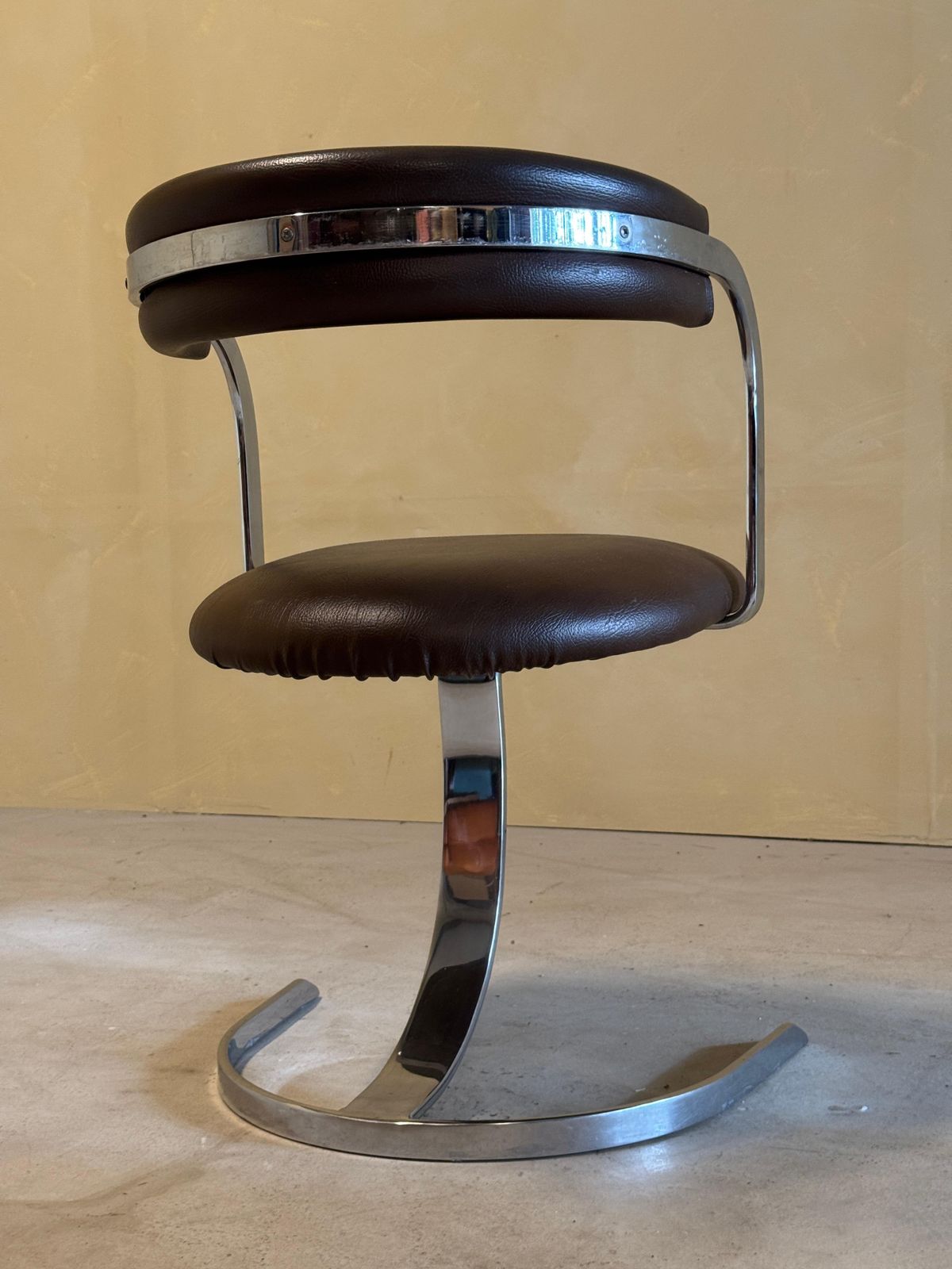 Furniture Set Of 4 Cast Iron Chromed Diningchairs With Brown Leather Seating, 1970s photo