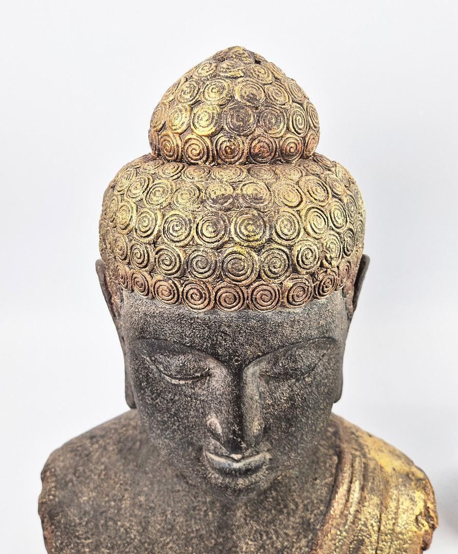Pair Of Antique Buddha Busts 45 Cm, Gilt Patinated Sculptures, Asian Home Decor photo Art