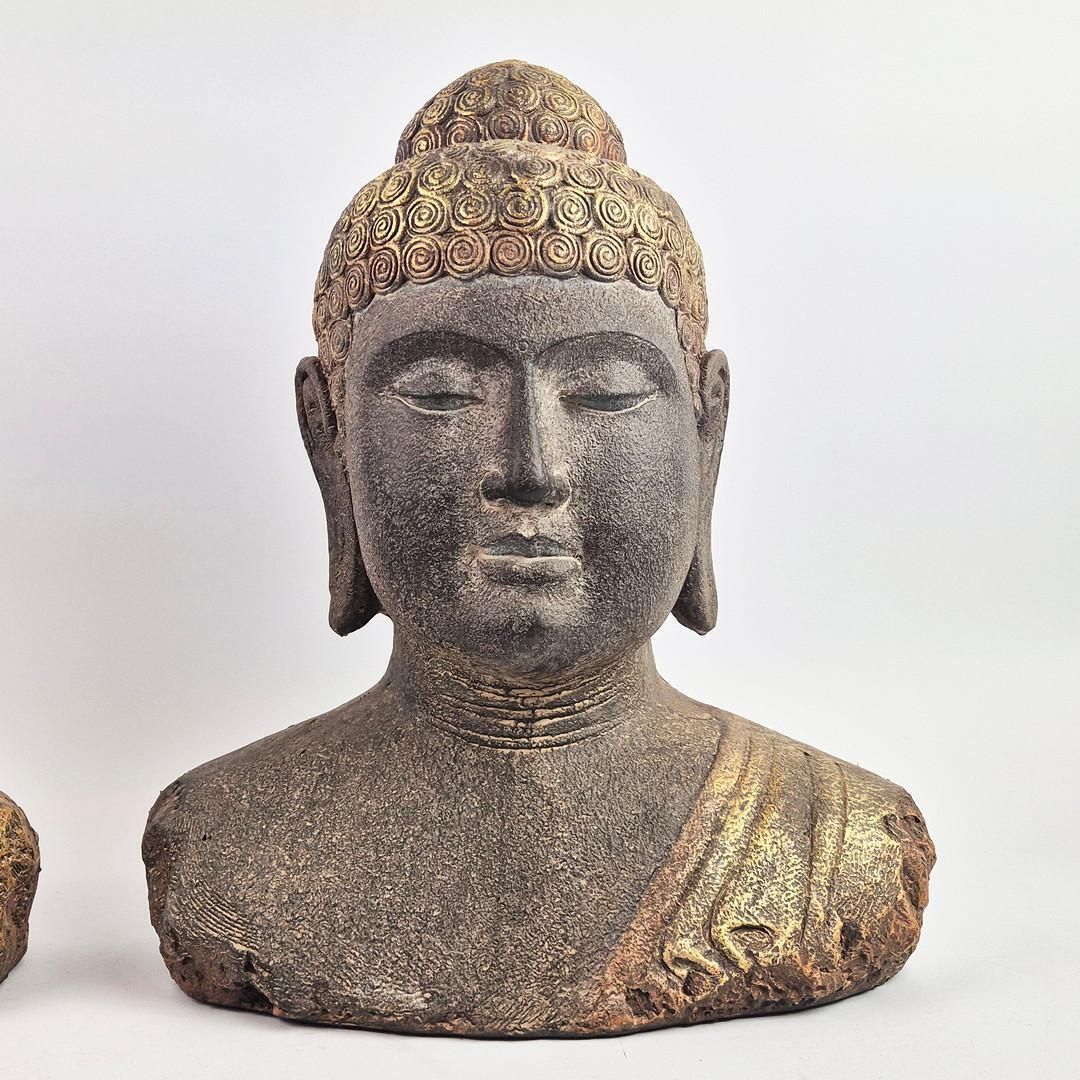 Pair Of Antique Buddha Busts 45 Cm, Gilt Patinated Sculptures, Asian Home Decor photo 5456.0