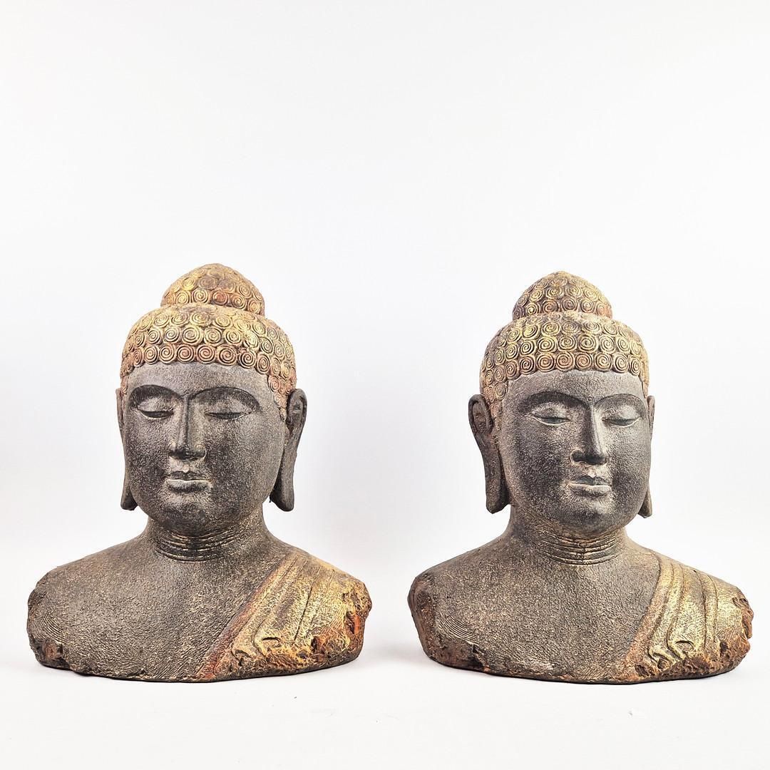 Pair Of Antique Buddha Busts 45 Cm, Gilt Patinated Sculptures, Asian Home Decor photo vinterior