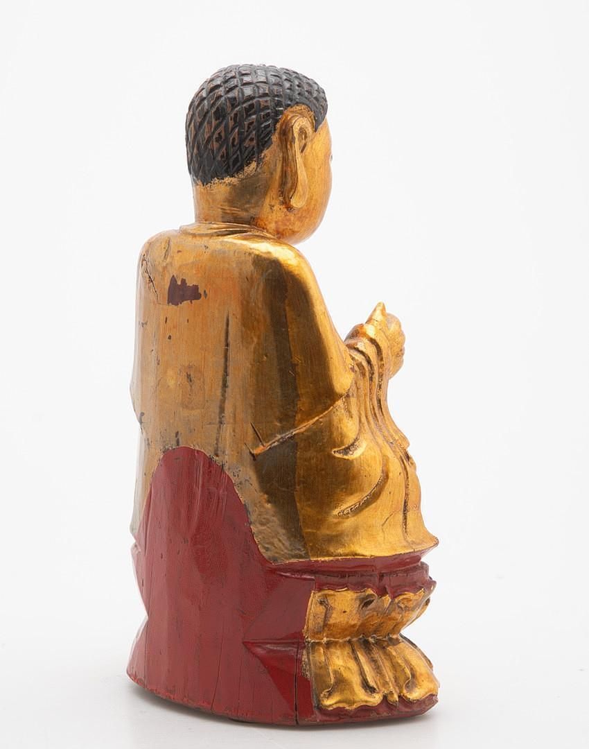 Antique Seated Buddha Amitābha Vietnam C.1900, Gilded Wooden Sculpture On Lotus photo for sale
