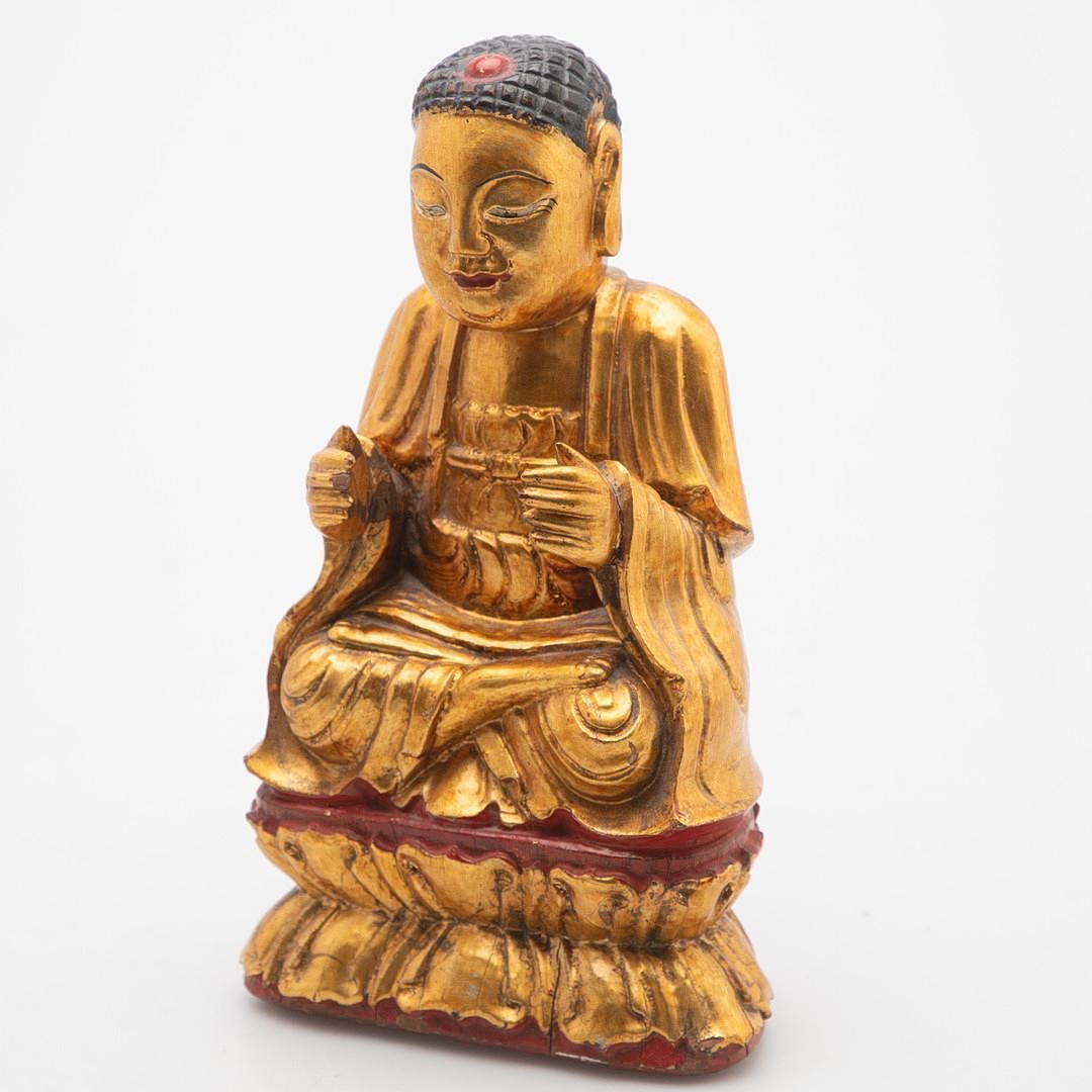 Antique Seated Buddha Amitābha Vietnam C.1900, Gilded Wooden Sculpture On Lotus photo Art