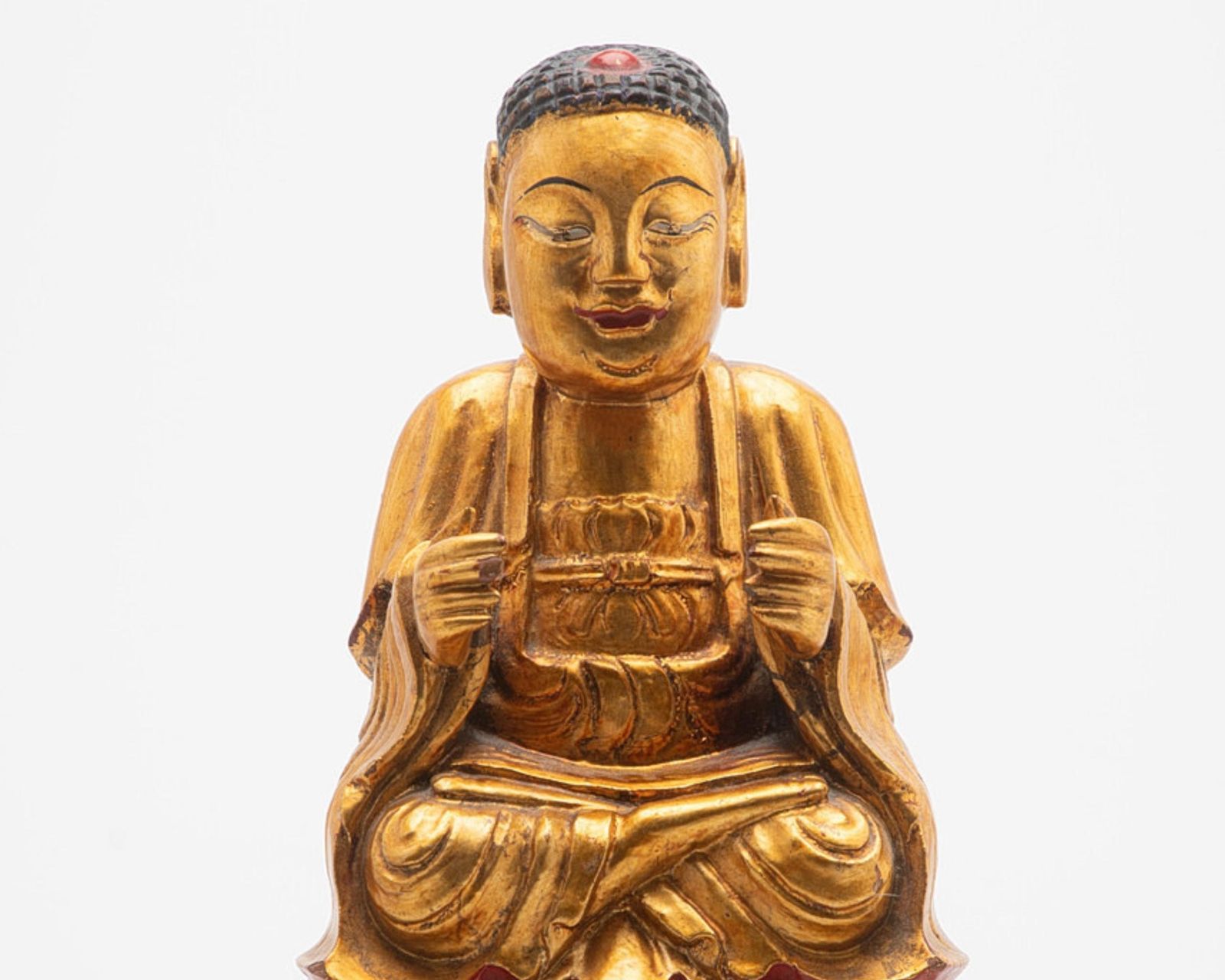 Antique Seated Buddha Amitābha Vietnam C.1900, Gilded Wooden Sculpture On Lotus photo vintage