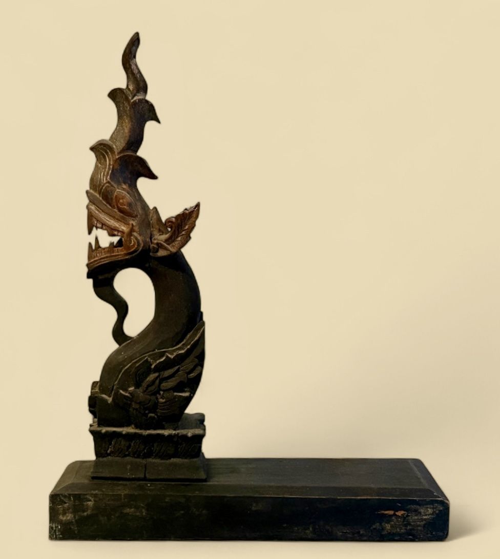 Antique Wood Carving From South East Asia Of A Naga On Stand