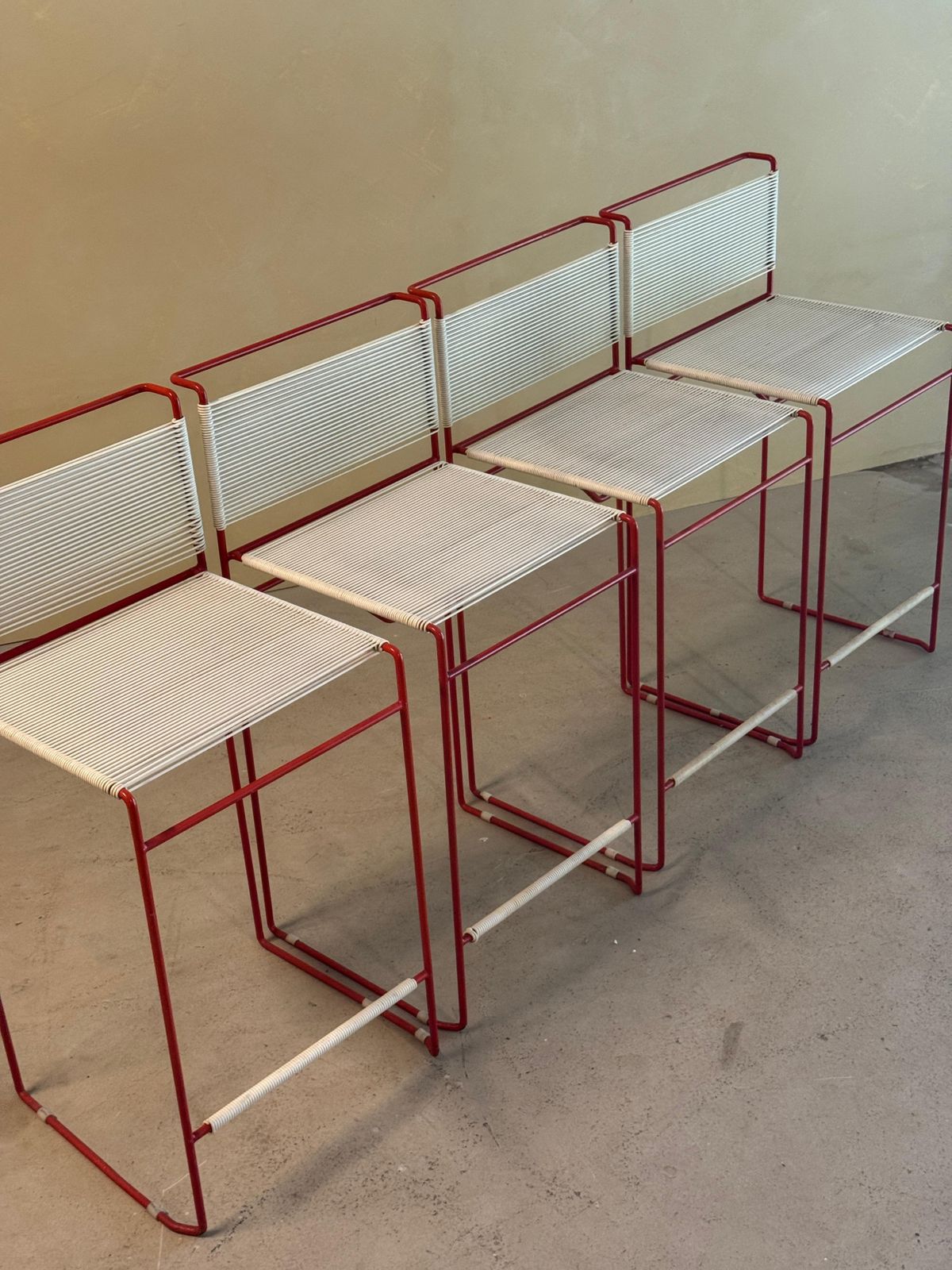 Set Of 4 Red Bar Stools By Giandomenico Belotti For Fly Line, 1970’s photo for sale