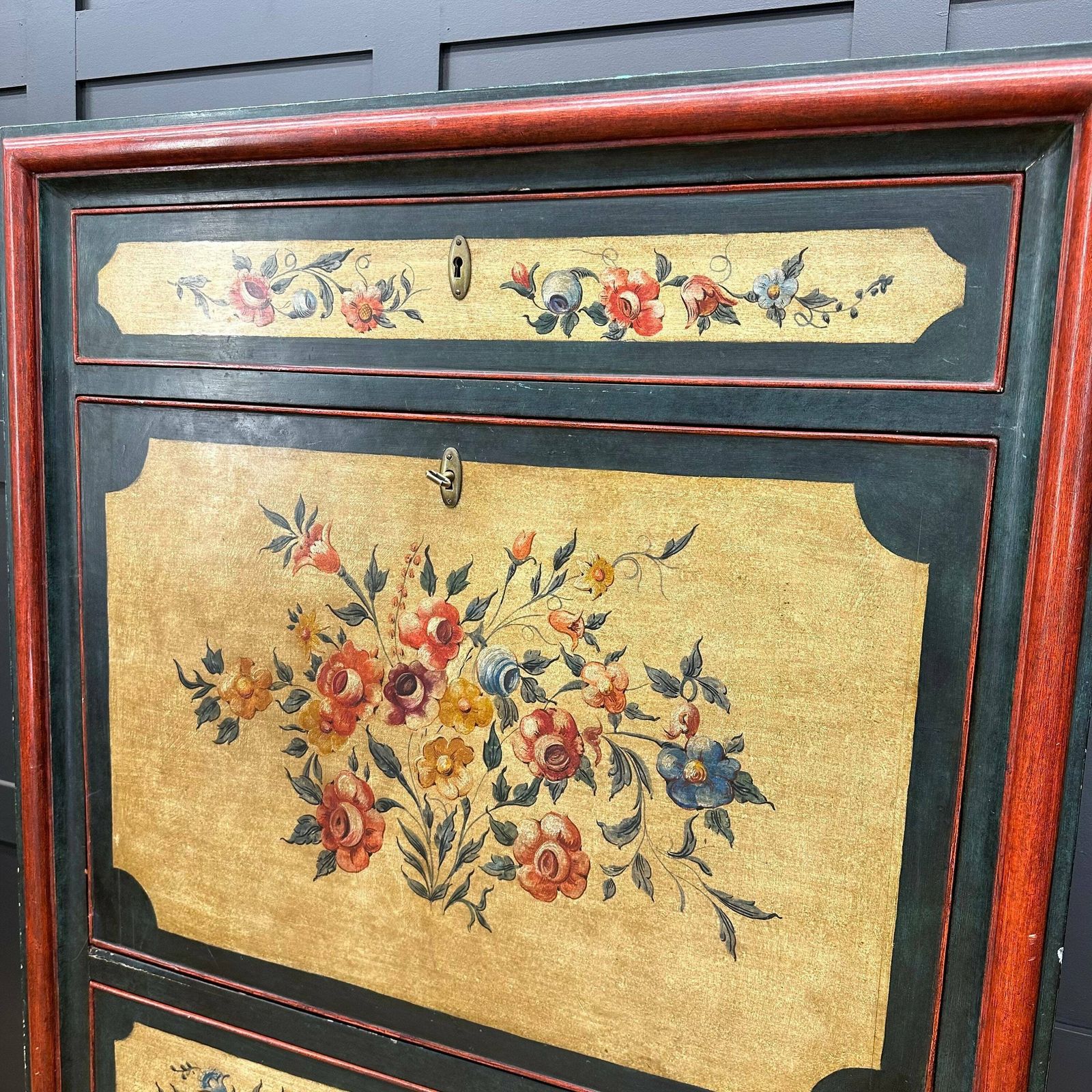 French Painted Drop Front Bureau Desk / Vintage Cupboard / Cocktail Cabinet photo for sale