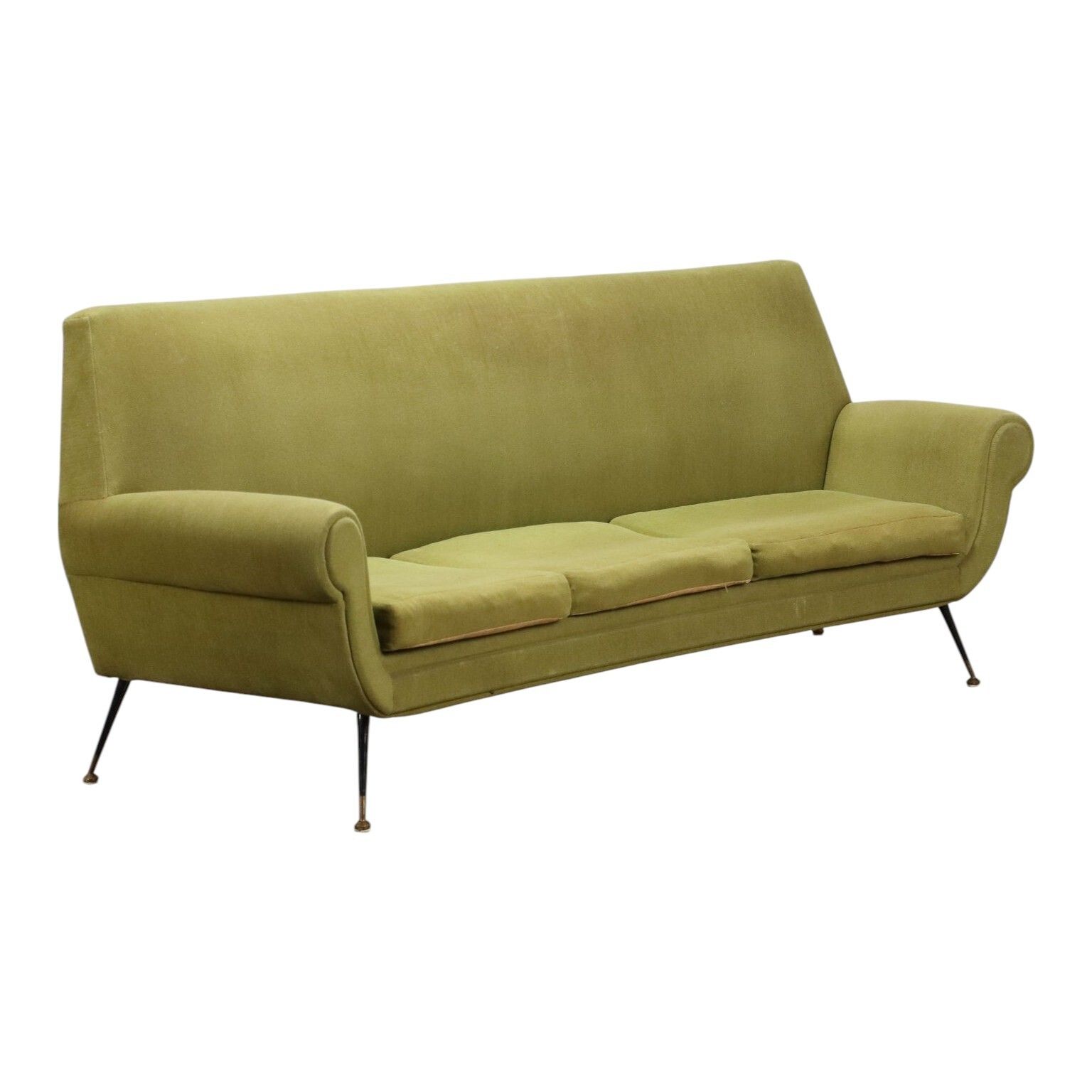 Vintage Sofa Fabric Brass 3 Seater Design Italy 1950s 1960s