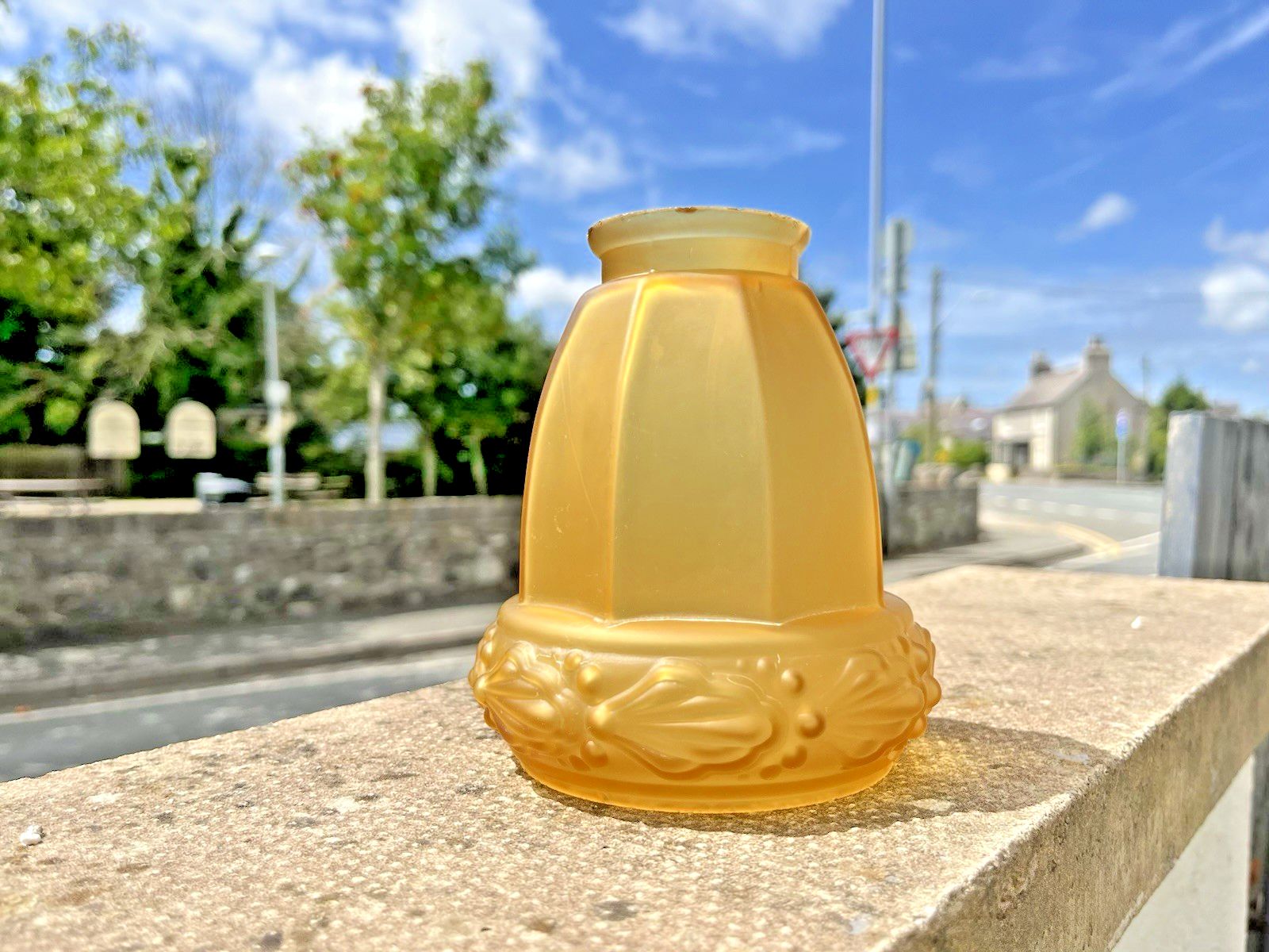 Antique Art Deco 20's French Satin Amber Frosted Glass Light Ceiling Lamp Shade photo for sale