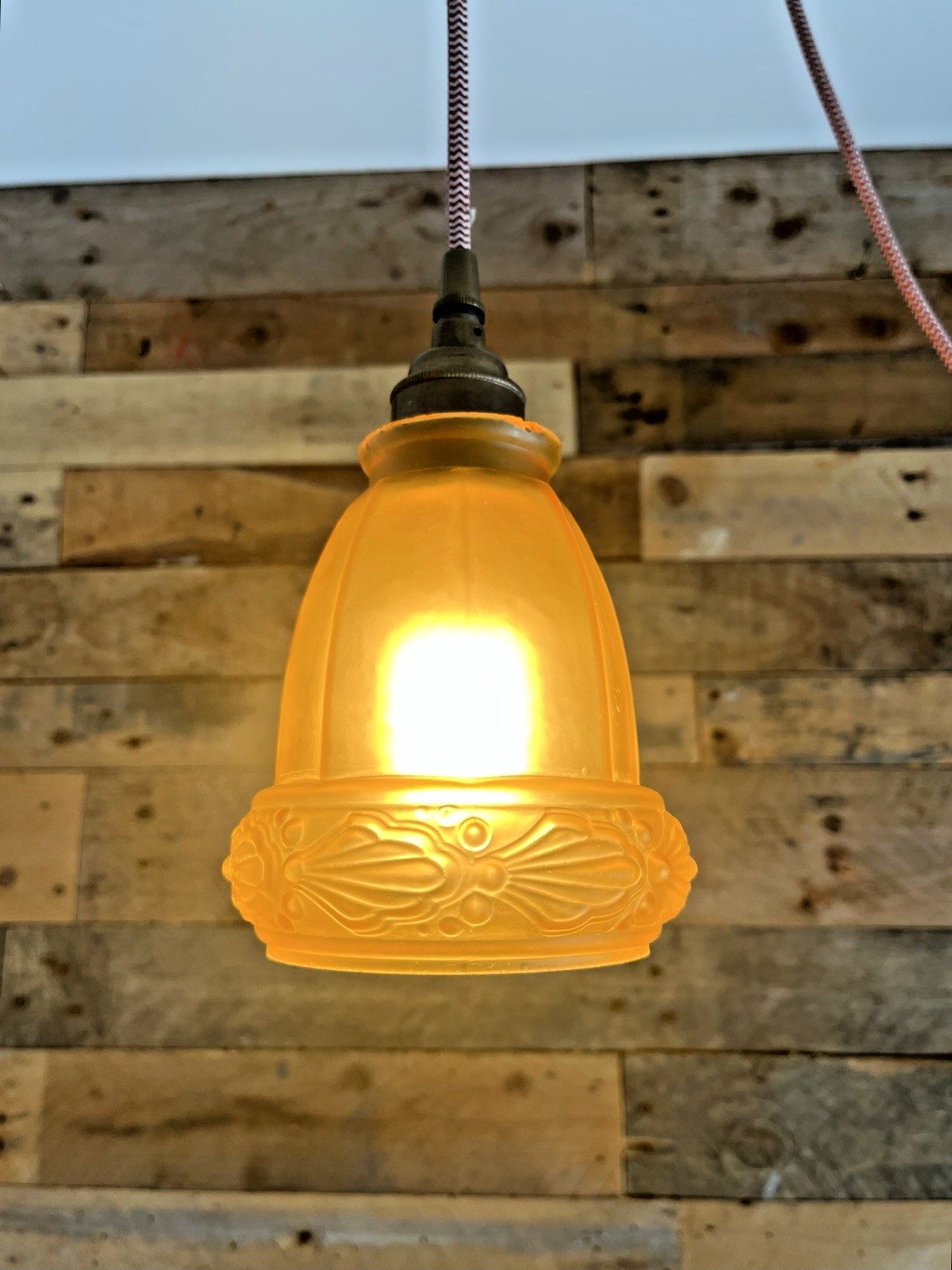 photo vintage Antique Art Deco 20's French Satin Amber Frosted Glass Light Ceiling Lamp Shade