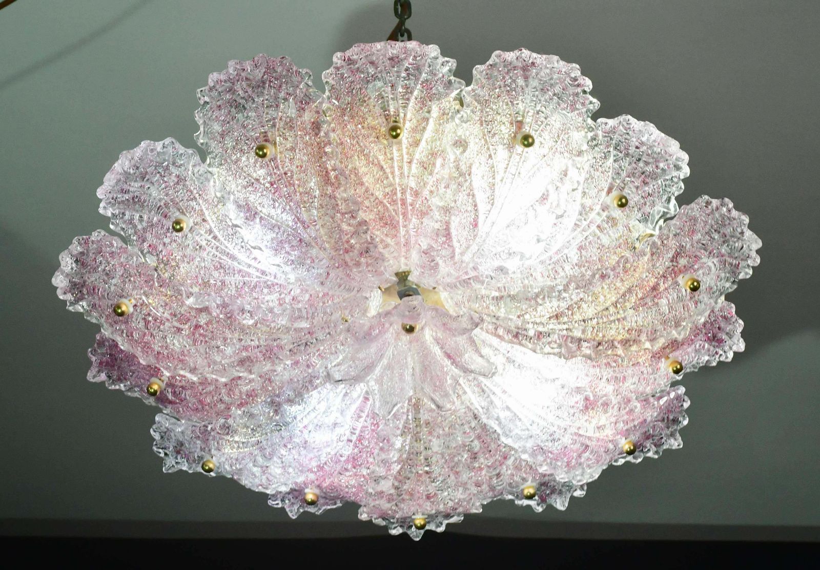 Lovely Pink Murano Glass Leave Ceiling Light Or Chandelier, 1980 photo vinterior