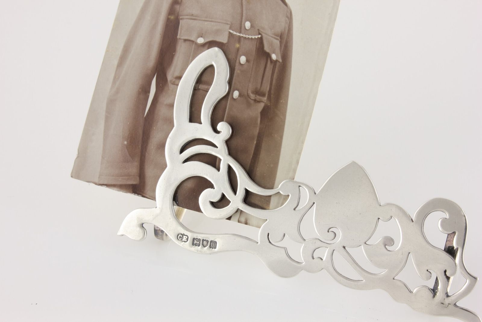 photo for sale Edwardian Silver Fancy Design Menu Holder. Photograph Clip Frame. 1907.