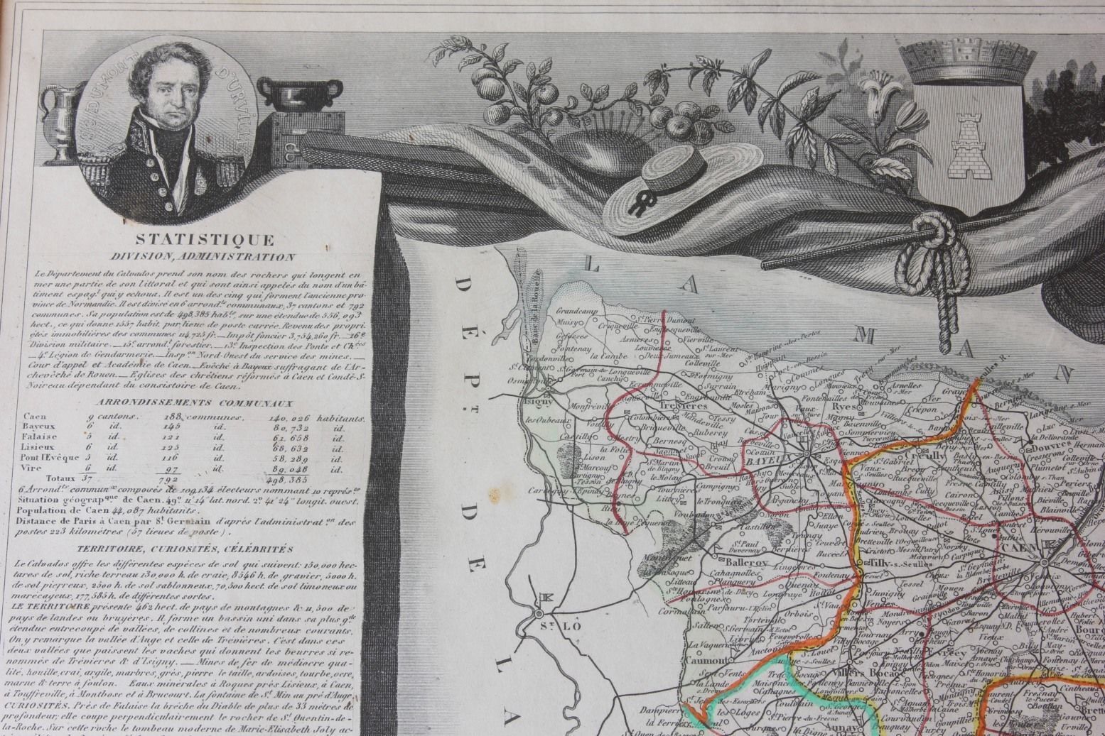 French Map Of Dept Du Calvados France. Atlas National Illustre C1854. photo 150.0