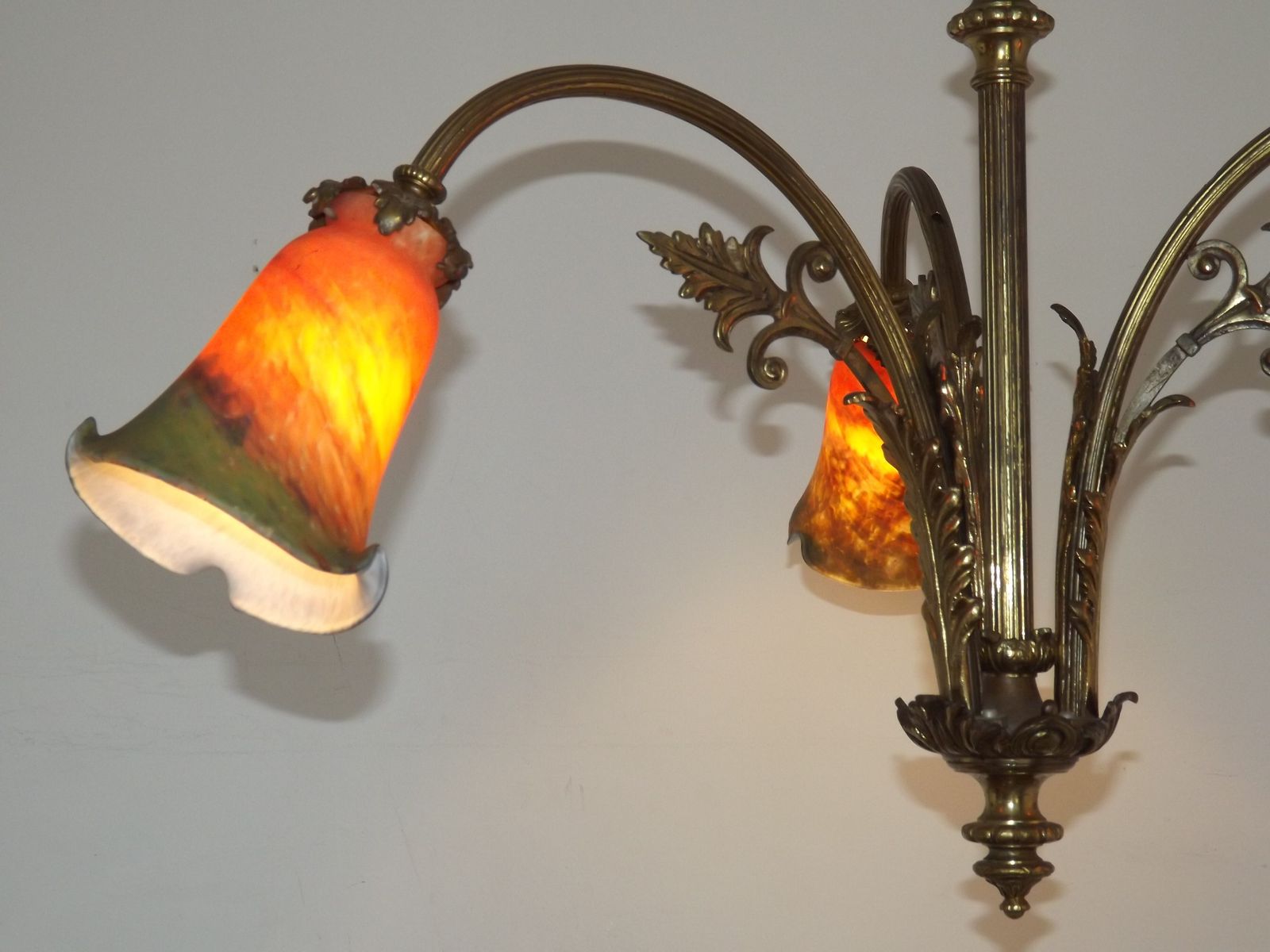 photo for sale French Art Nouveau 3 Light Bronze Chandelier  With Orange & Green Art Glass Shades