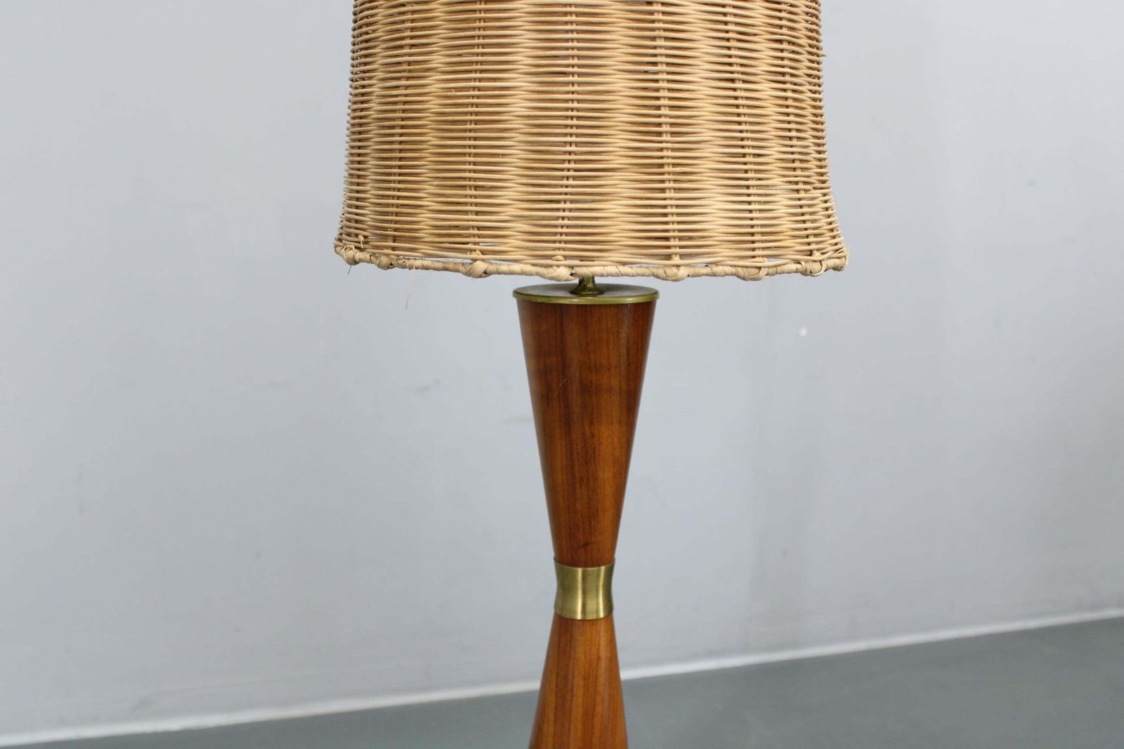 1960s Parker Knoll Wooden Table Lamp With Wicker Shade, Britain photo for sale