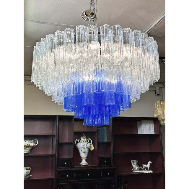Large Transparent And Blue "Tronchi" Murano Glass Chandelier In Venini Style photo furniture