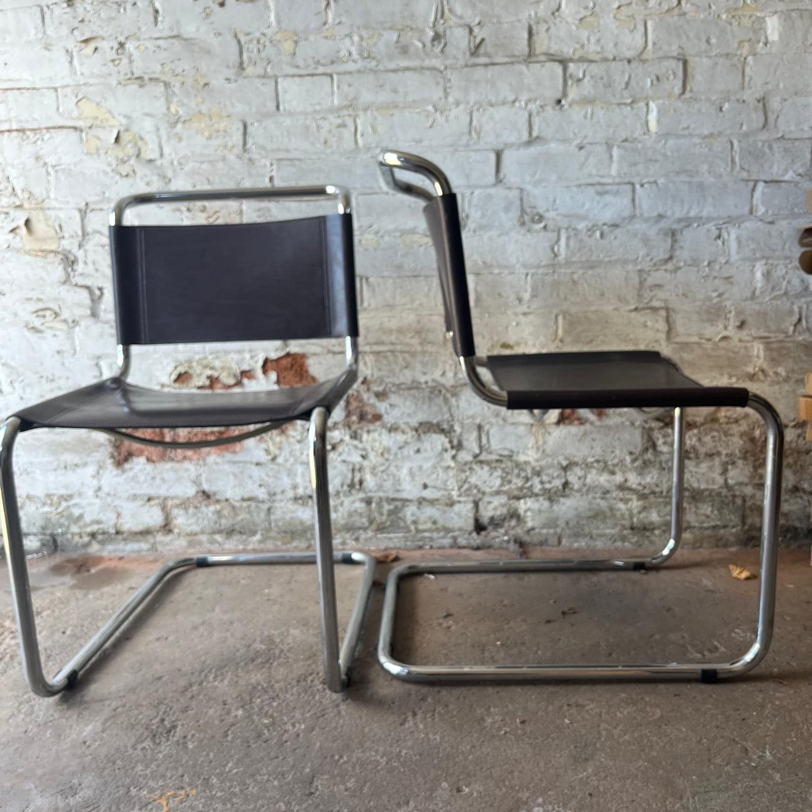 A Pair Of Chrome & Dark Brown Leather Cantilever Chairs photo Furniture