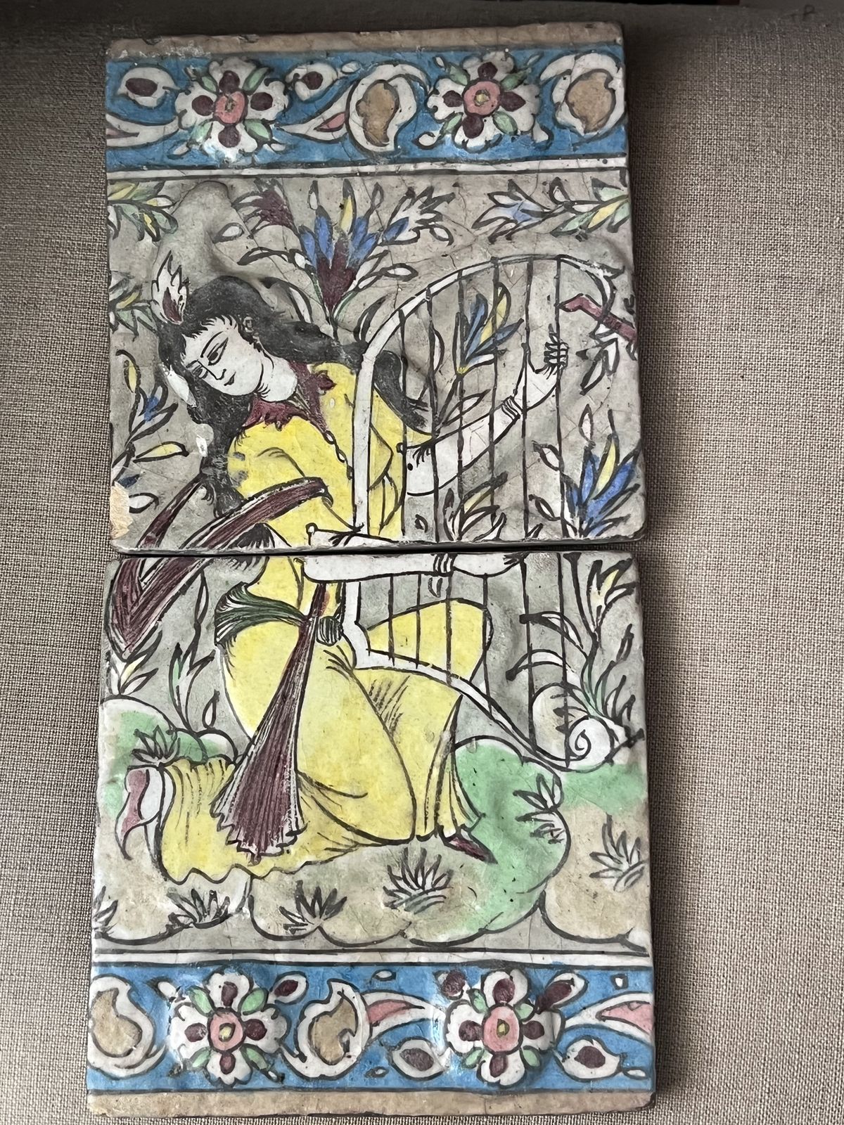 photo furniture Qajar Era Persian Hand Painted Double Tile Panel With Female Musician (19th Century)