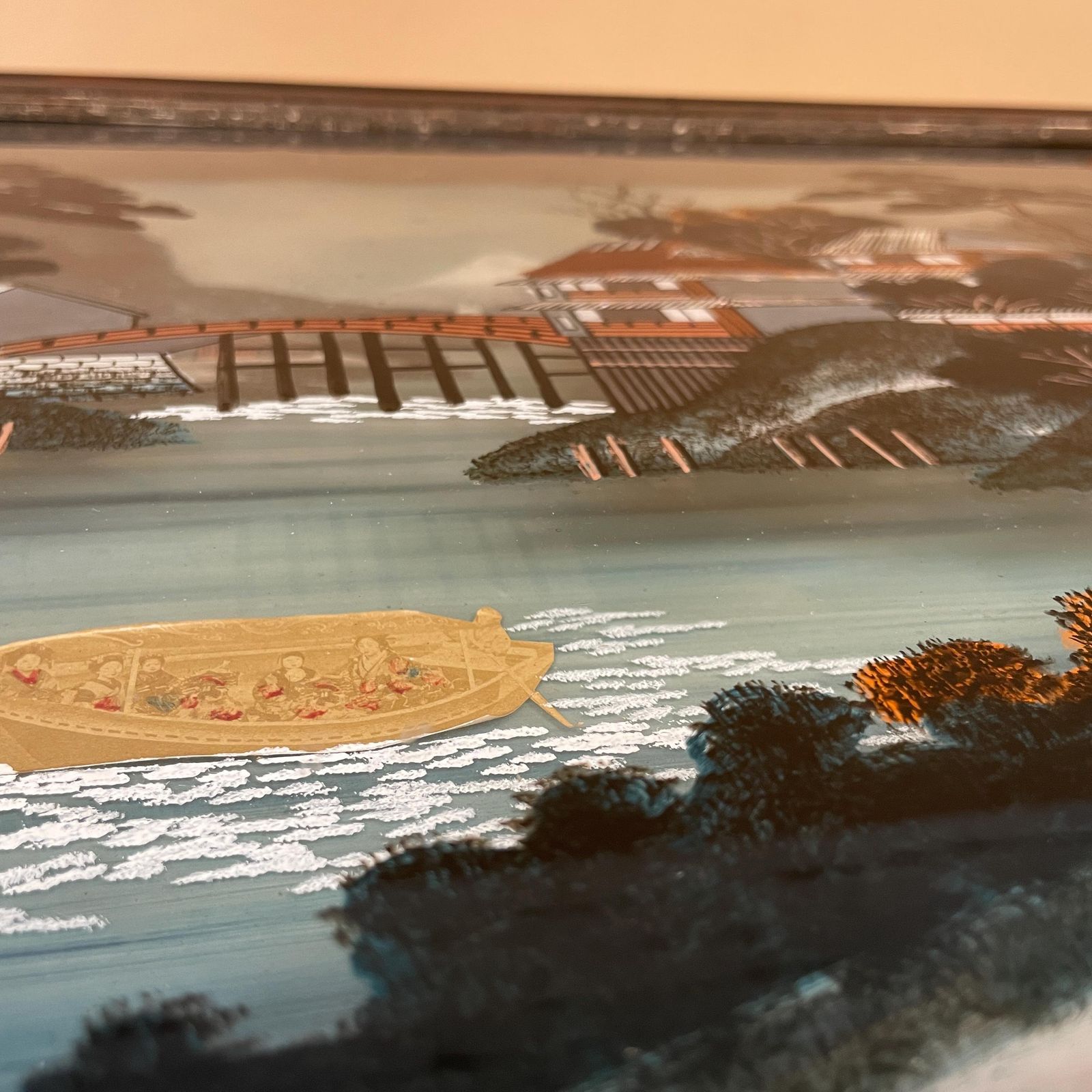Antique Japanese Reverse Glass Painting Oriental Asian Wall Art Hand Painted Artwork Vintage Wooden Frame Wall Decor Architecture Geisha photo for sale