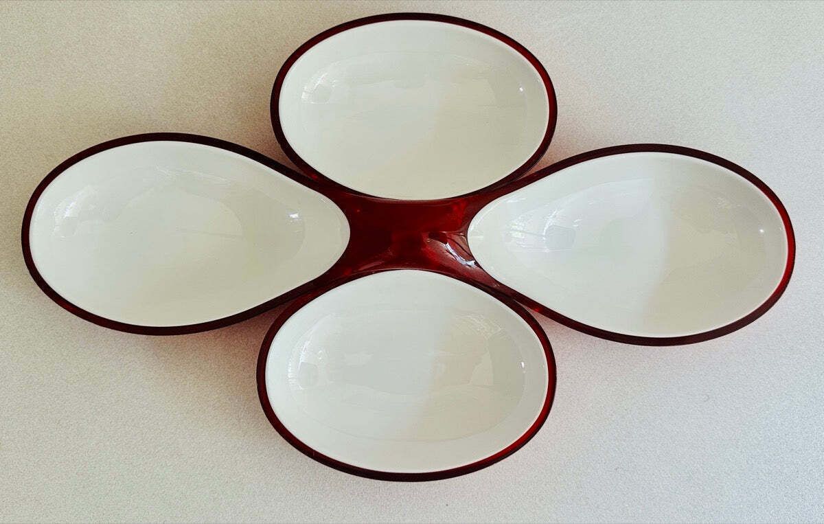 1980s Italian Guzzini Lab Interlocking Plastic Red & White Platter Dishes Inc Original Box photo vinterior