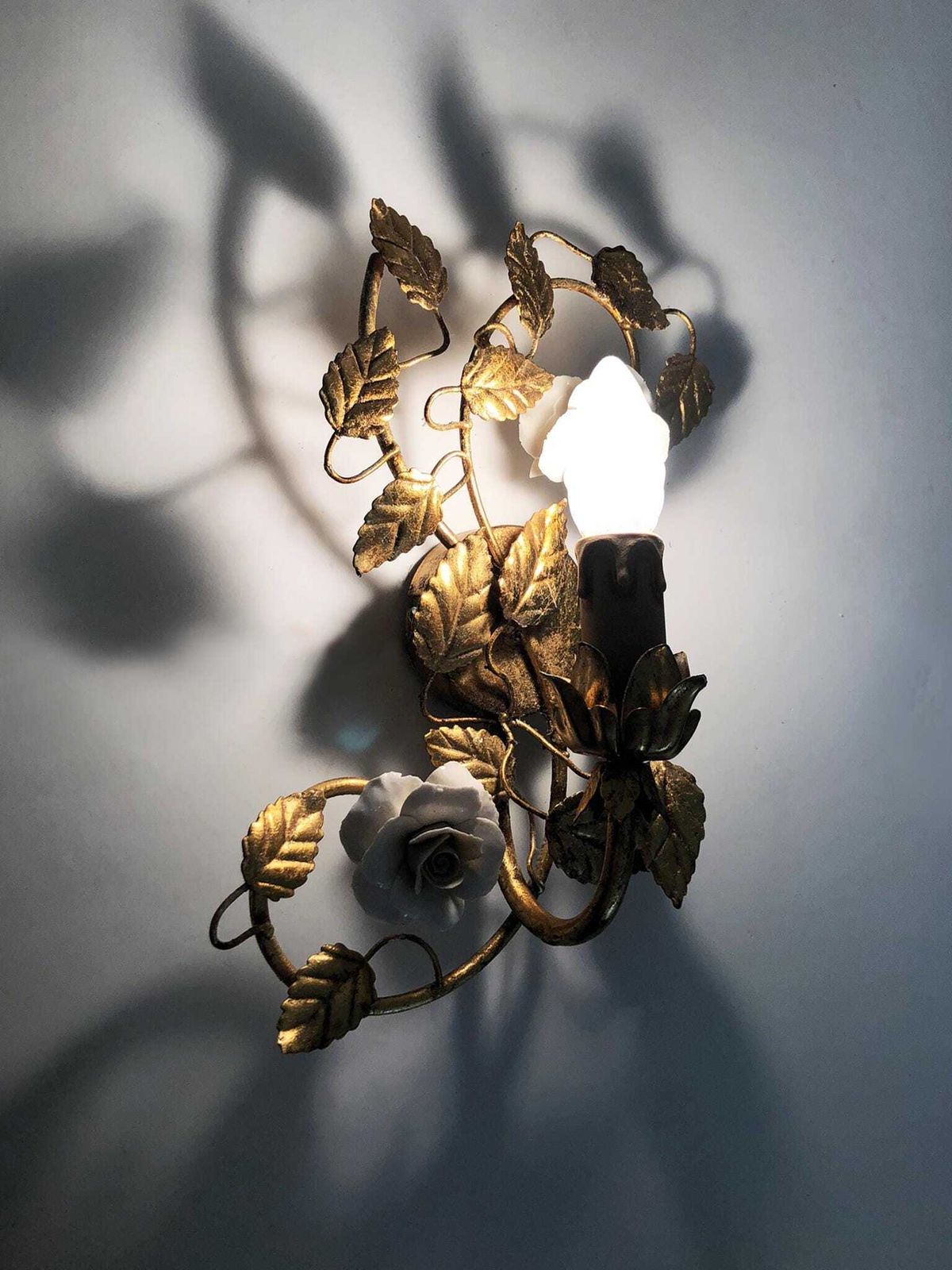 Pair Of Italian Wall Sconces With Gold Leaf And Rose Ceramic Decorations. 1970s 1980s photo furniture