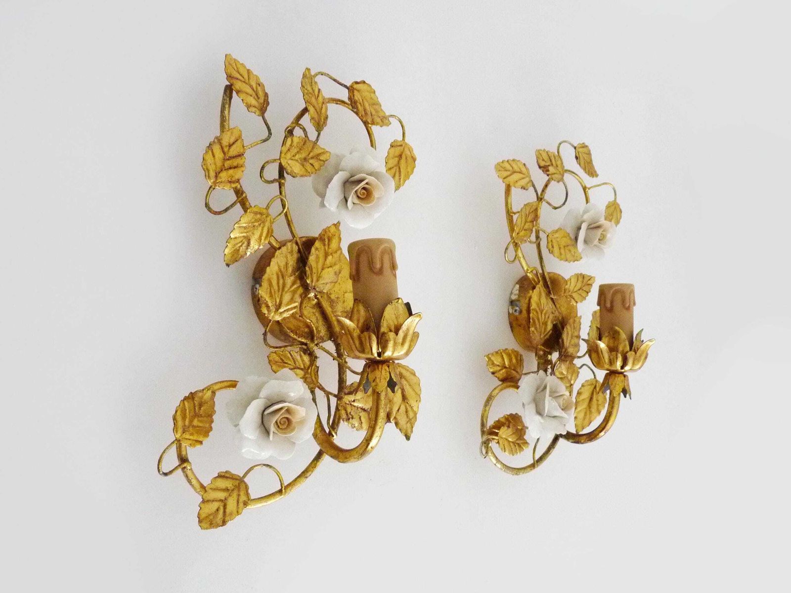 Pair Of Italian Wall Sconces With Gold Leaf And Rose Ceramic Decorations. 1970s 1980s photo for sale