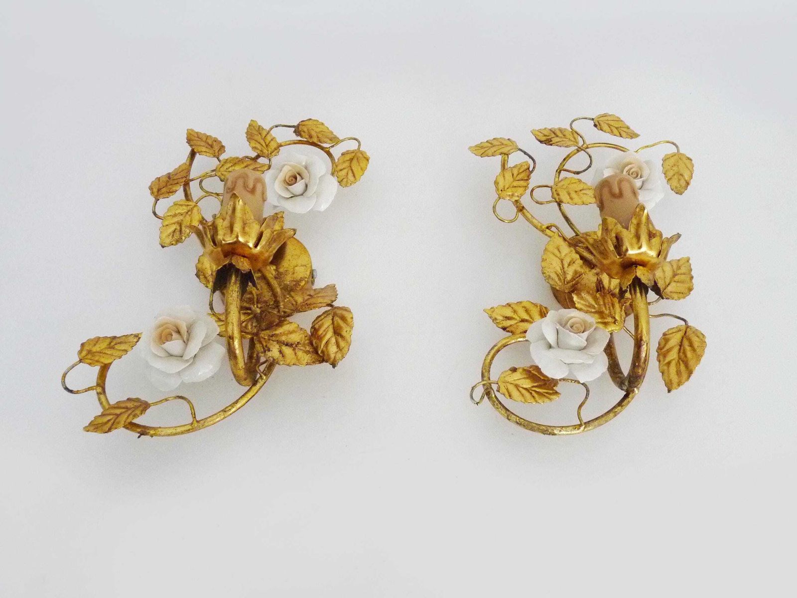 Pair Of Italian Wall Sconces With Gold Leaf And Rose Ceramic Decorations. 1970s 1980s photo Lighting