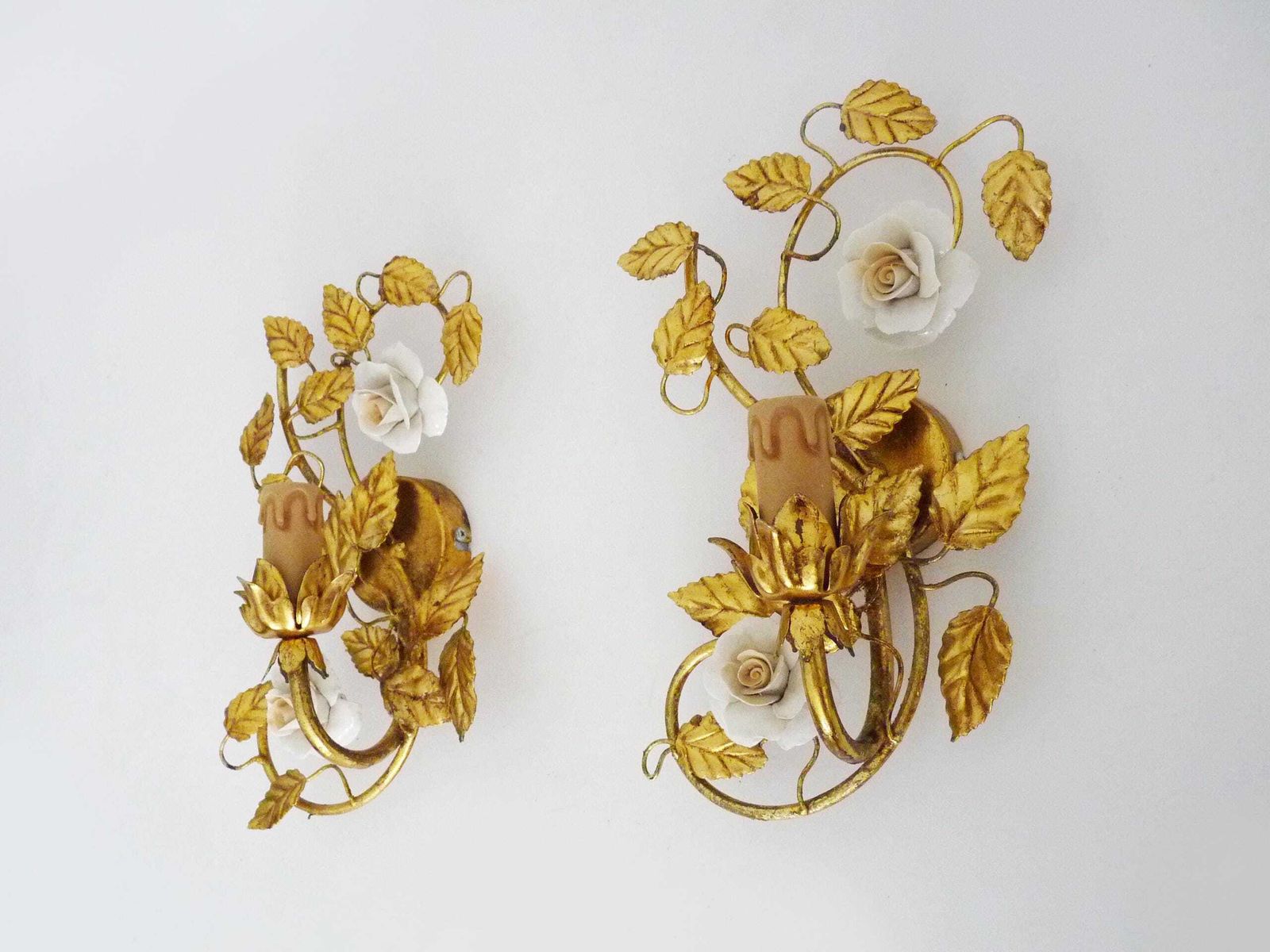 Pair Of Italian Wall Sconces With Gold Leaf And Rose Ceramic Decorations. 1970s 1980s photo 288.0