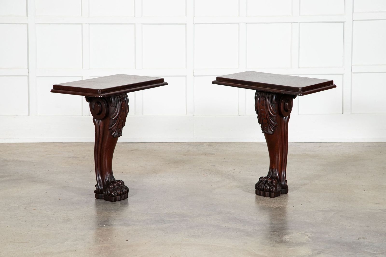 Pair English 19thc Mahogany Lion Paw Console Tables
