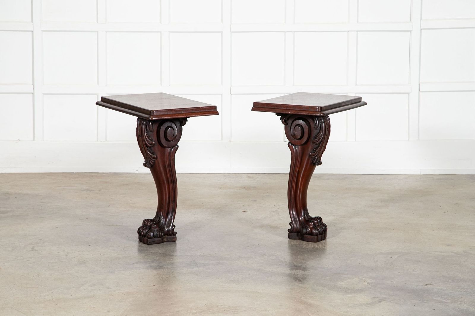 photo for sale Pair English 19thc Mahogany Lion Paw Console Tables