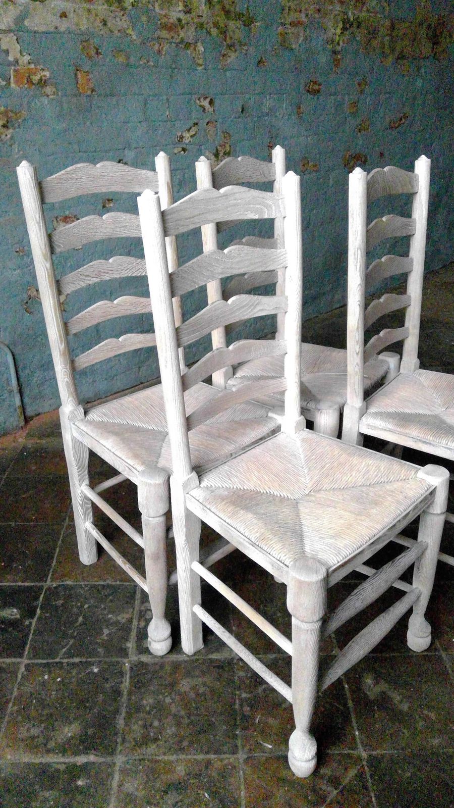 A Set Of Four Lancashire Antique  Limed  Oak Ladderback Rush Seated  Chairs photo Furniture