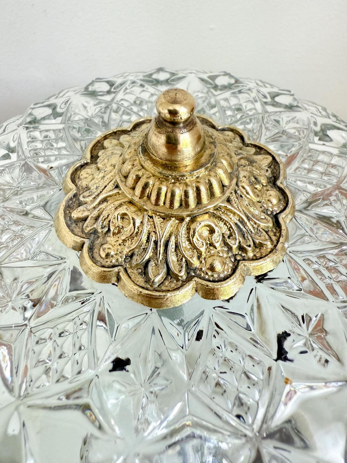 Vintage Xl Ceiling Light   Diameter 36 Cm / 14.17"   Brass, Cut Glass, Porcelain   Made In Spain   1960s   Flush Mount   Art Deco photo Lighting