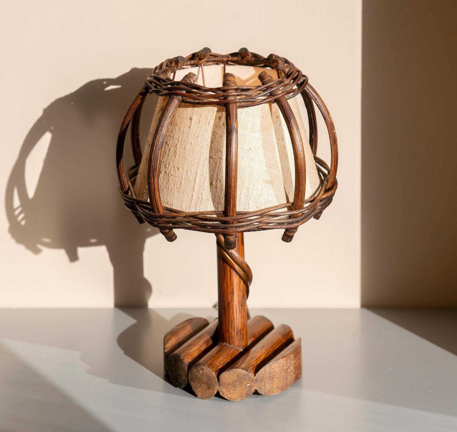 Vintage Louis Sognot Tafellamp, Kleine Bamboelamp, Jaren 1950 Design, French Riviera, Boheemse Bureaulamp, Gemaakt In Frankrijk