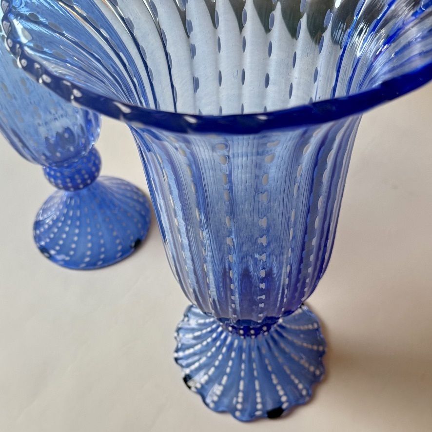 Mid Century Modern Pair Of Tall Blue Ribbed Murano Glass Vases photo vinterior