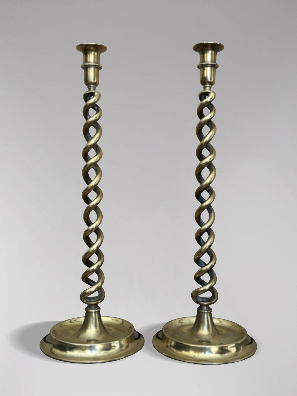 Pair Of Tall 19th Century Brass Barley Twist Candlesticks photo Home Decor