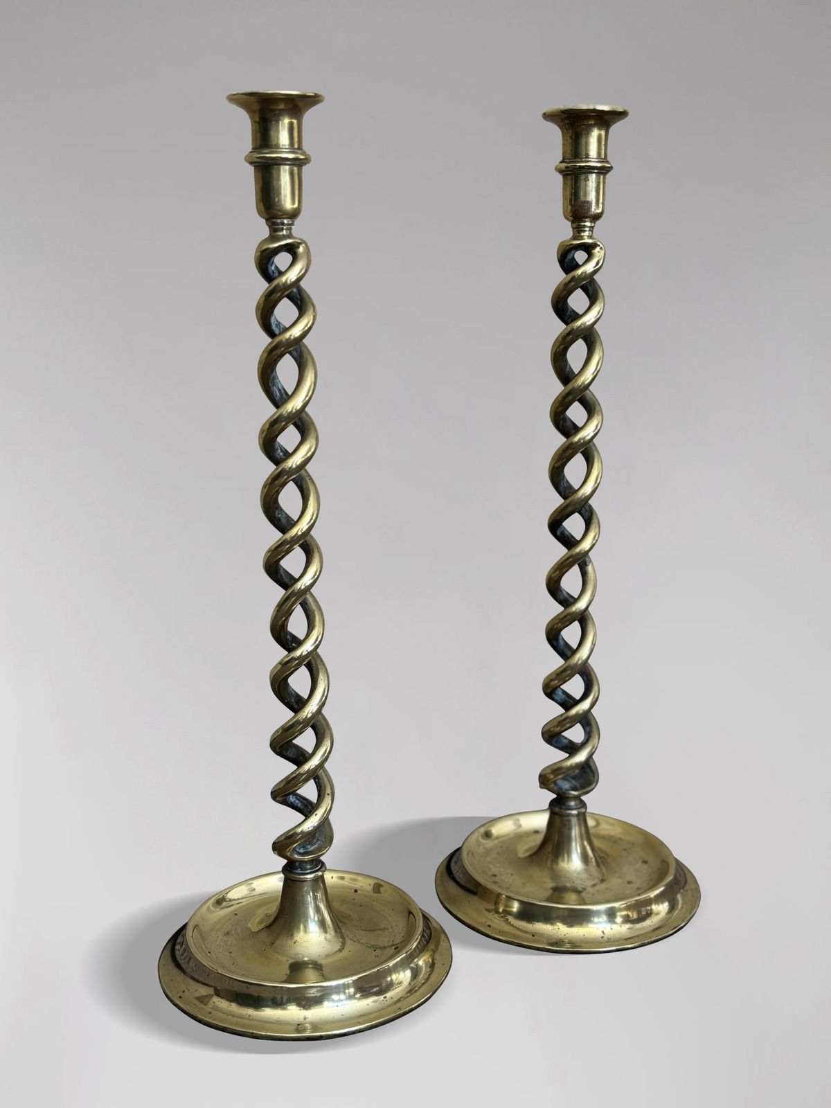 Pair Of Tall 19th Century Brass Barley Twist Candlesticks photo vinterior