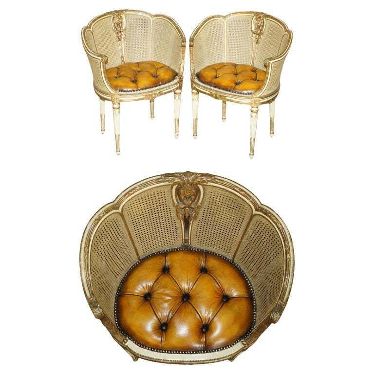Pair Of Antique Restored Chesterfield Leather French Cir 1880 Bergere Armchairs