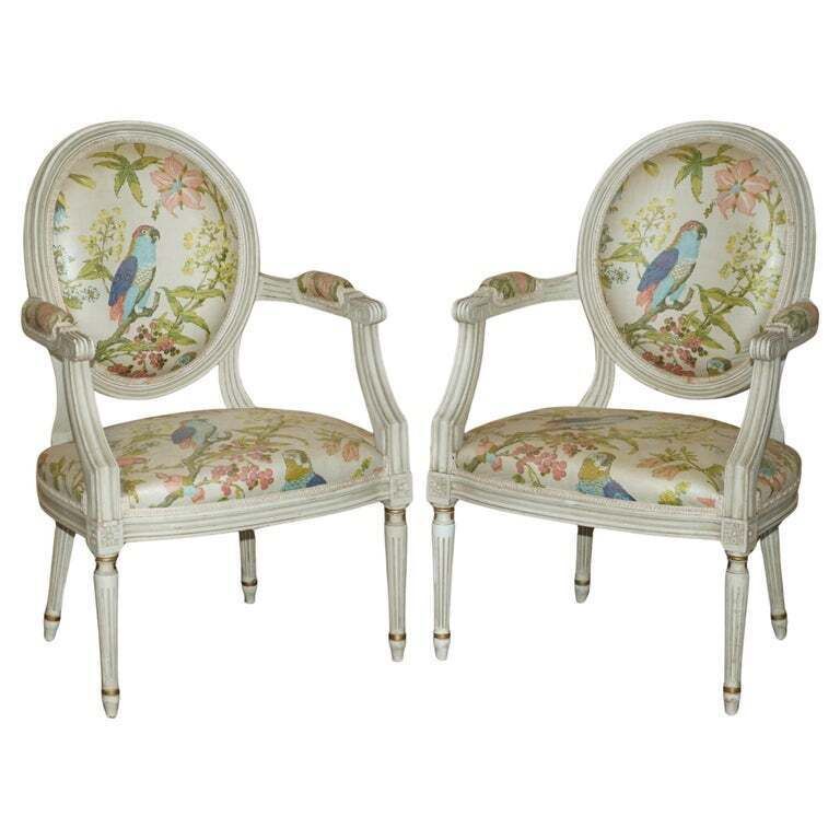 Pair Of Vintage French Louis XVIII Style Fauteuils Armchairs Parrot Upholstery
