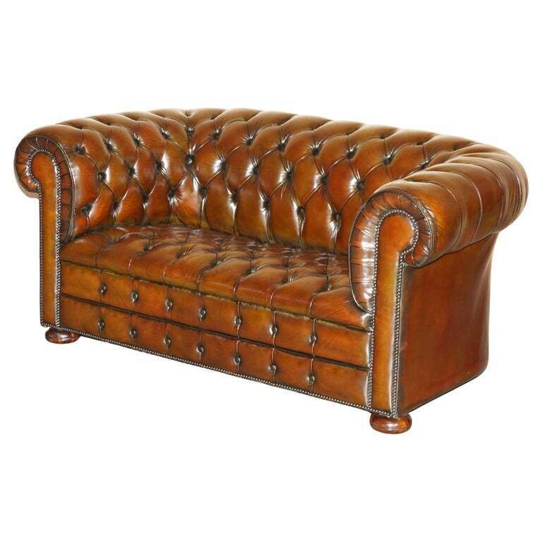 Restored 165cm Wide Chesterfield Fully Tufted Two Seat Brown Leather Club Sofa