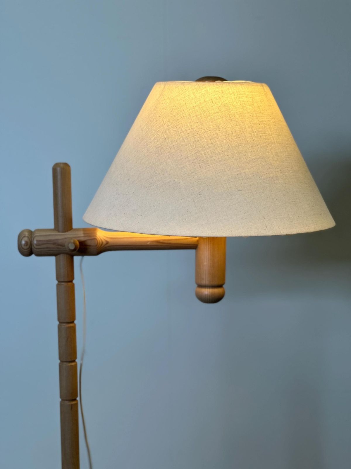 photo for sale Scandinavian Pine Floor Lamp With Adjustable Arm And Linen Shade, 1970s