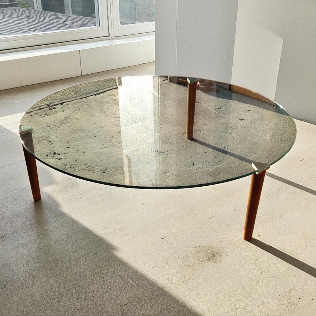 Glass Topped Minimalist Style Coffee Table With Teak Legs photo buy
