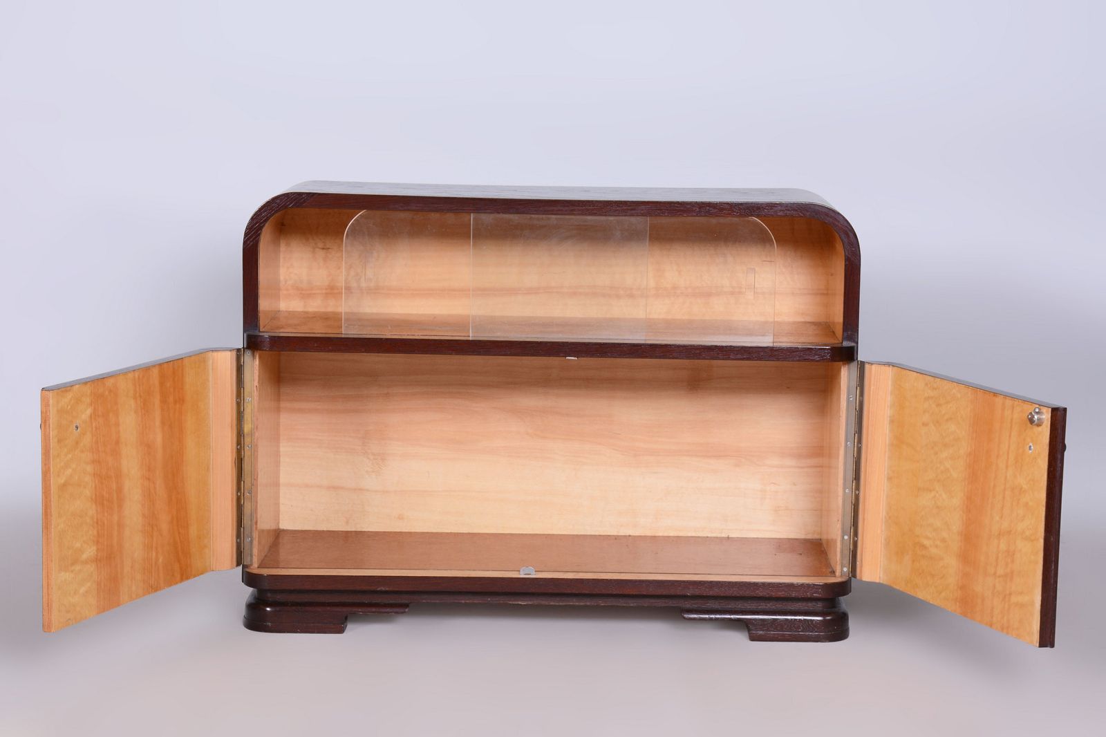 Restored Art Deco Cabinet, Oak, Maple And Glass, Polished, Czech, 1930s photo furniture