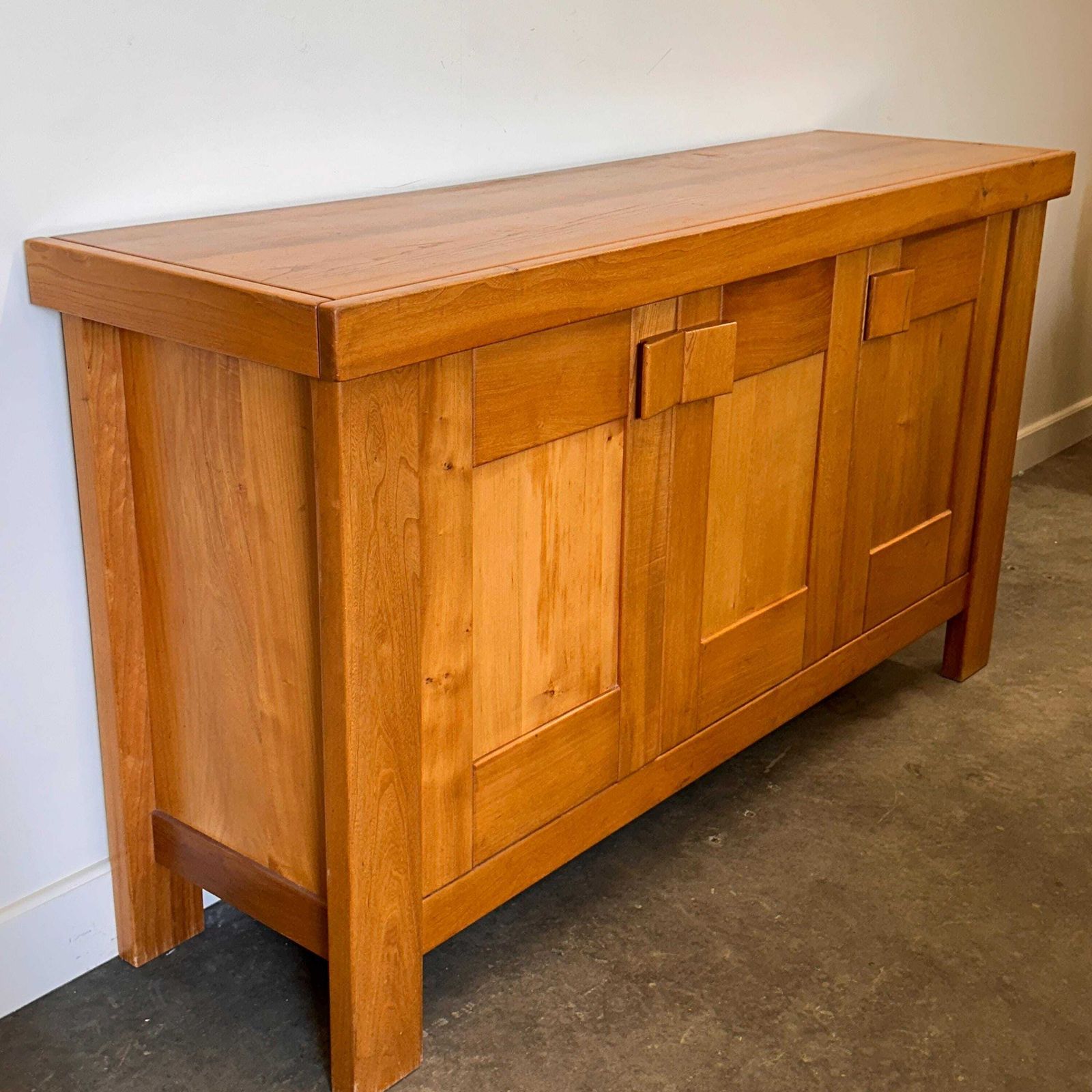 photo furniture Maison Regain Sideboard, Vintage French Elm Wood Credenza, Brutalist 1970s Modernist Cabinet, Solid Wood Storage Buffet