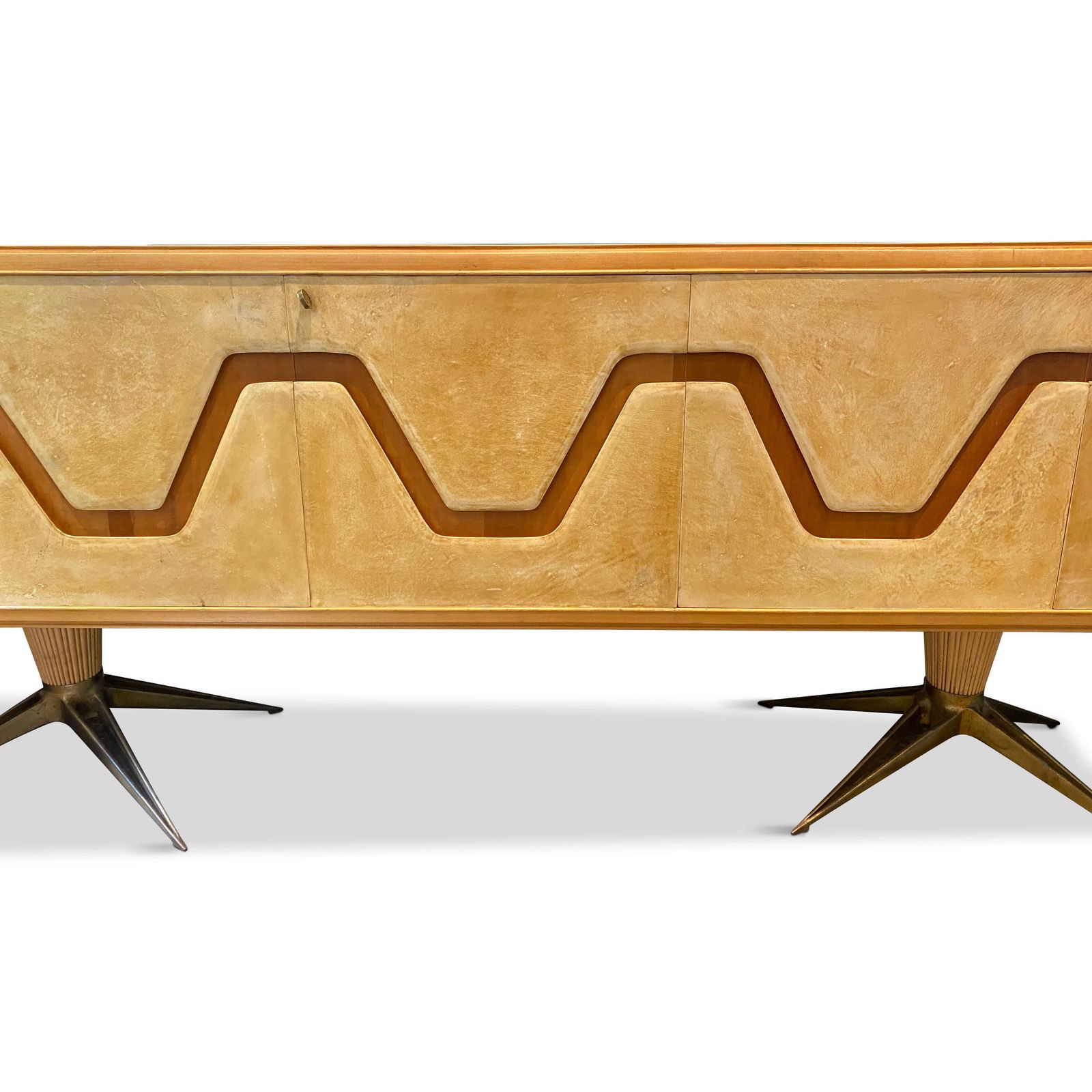 Italian Midcentury Parchment And Walnut Sideboard With Brass Legs 1940s   Aldo Tura photo for sale