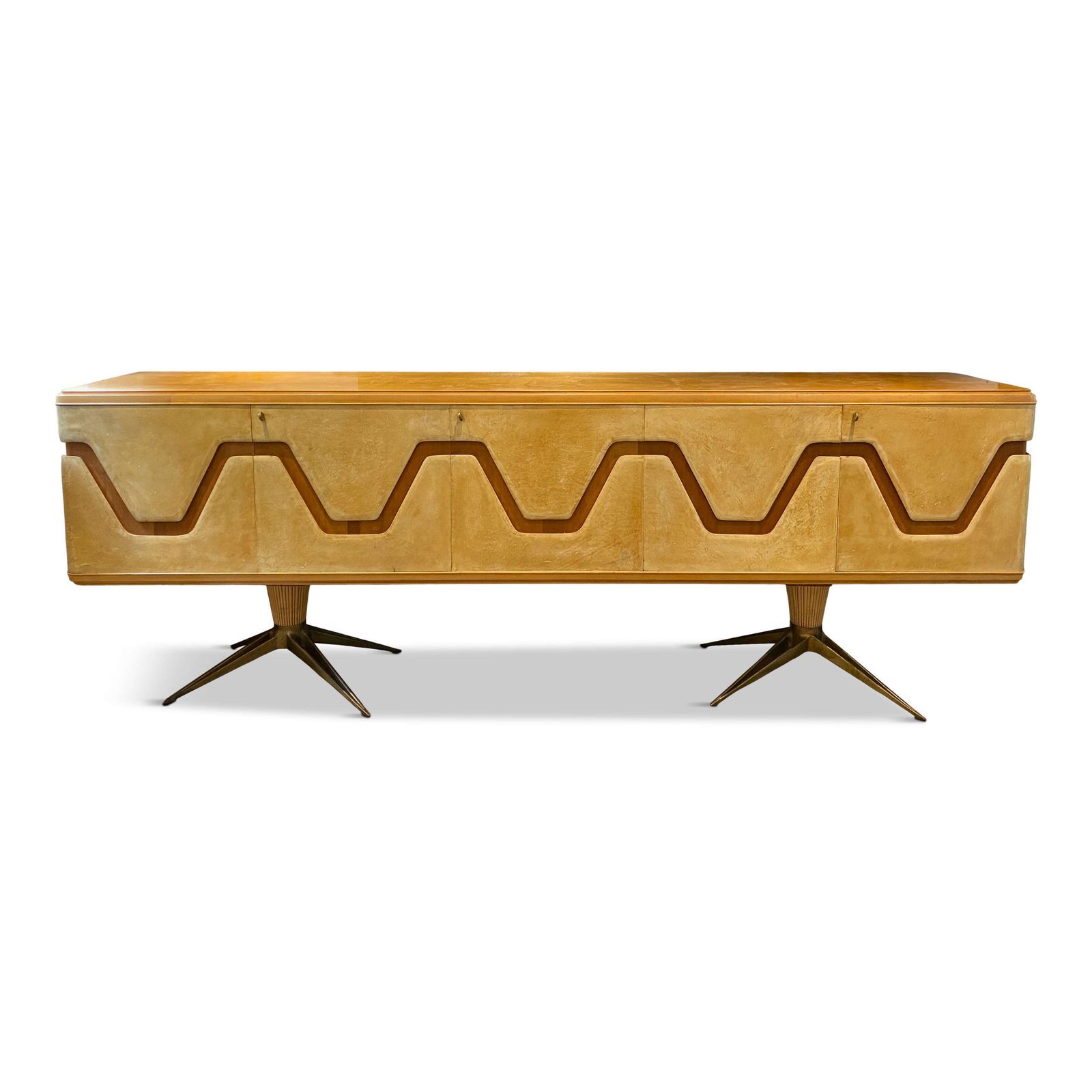 Italian Midcentury Parchment And Walnut Sideboard With Brass Legs 1940s   Aldo Tura photo vinterior